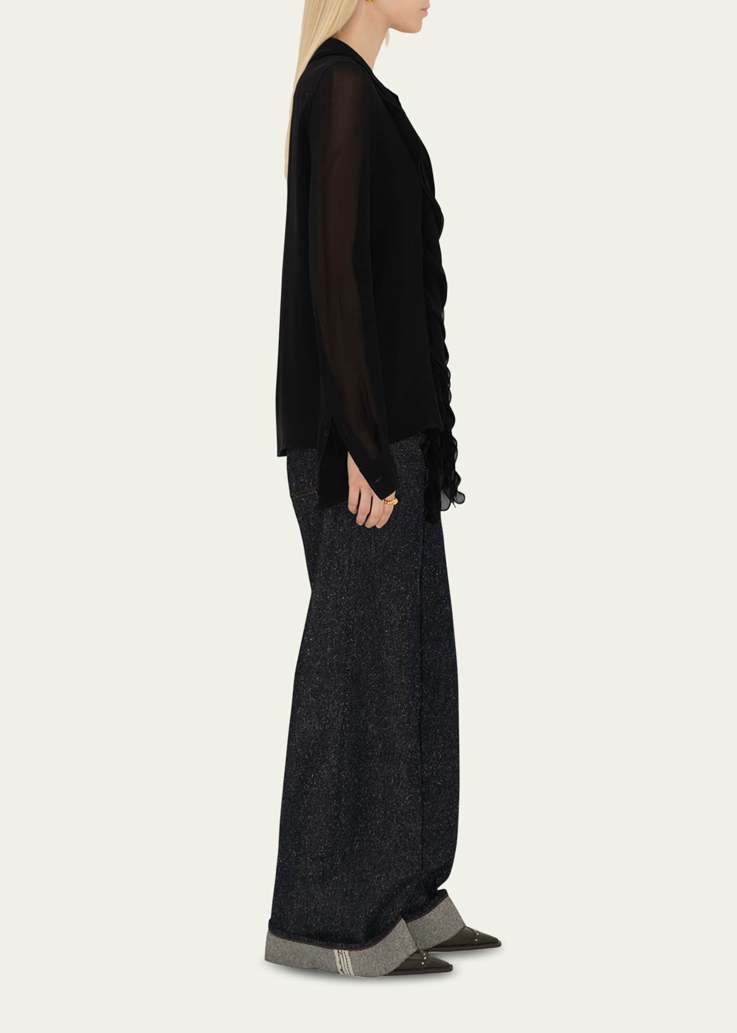 Ruffled Long Sleeve Silk Blouse - Thumbnail 4