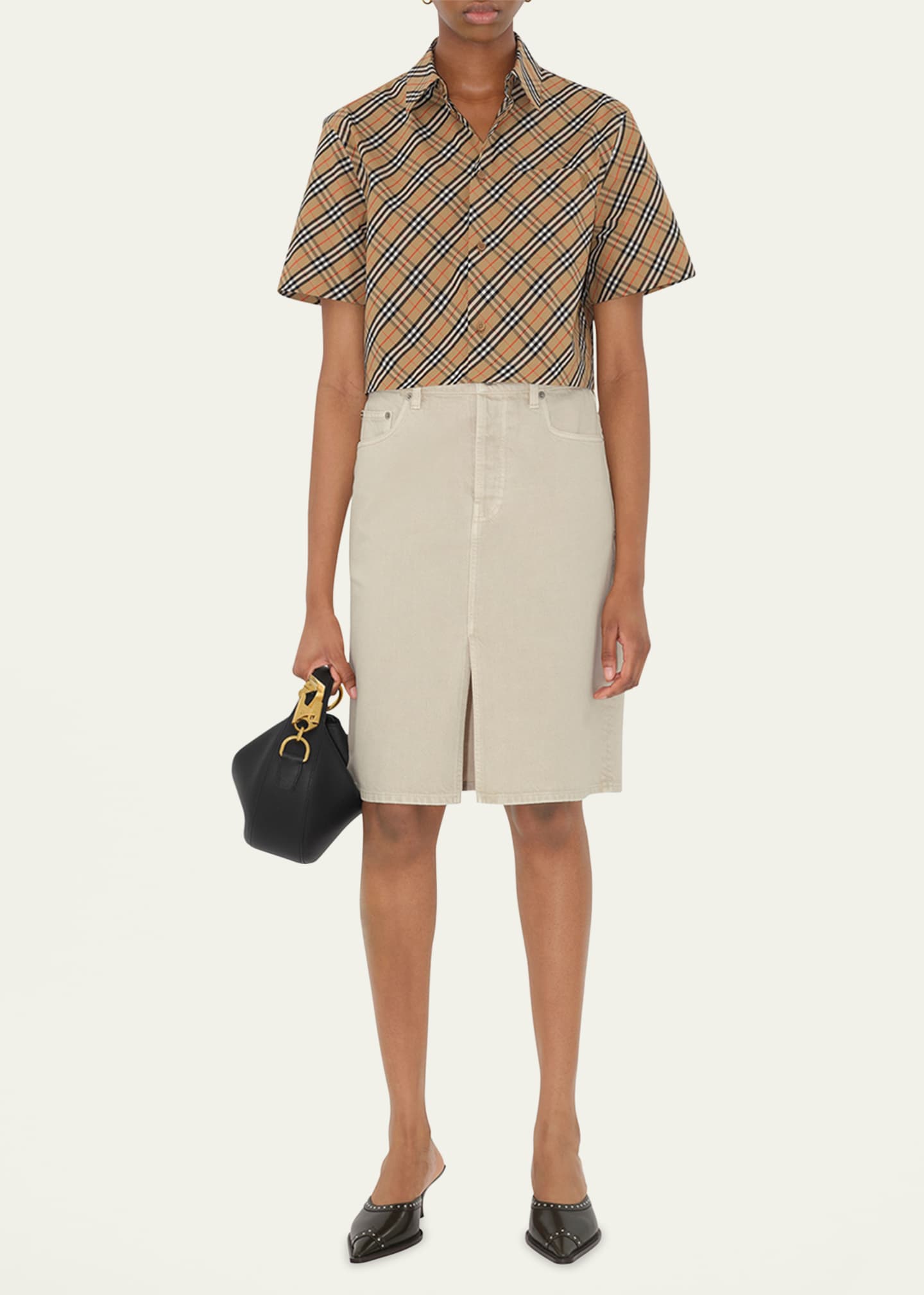 Burberry Check Short-Sleeve Crop Button-Down Shirt Image 2 of 4