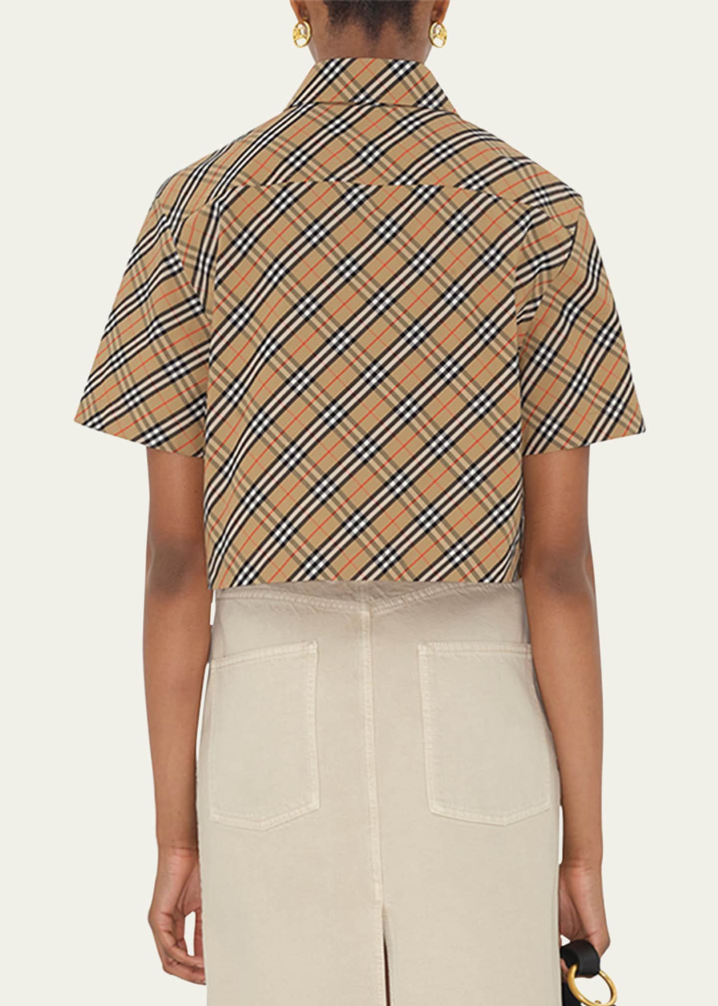 Burberry Check Short-Sleeve Crop Button-Down Shirt Image 3 of 4