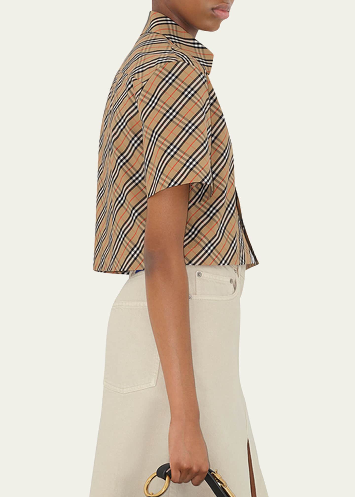 Burberry Check Short-Sleeve Crop Button-Down Shirt Image 4 of 4