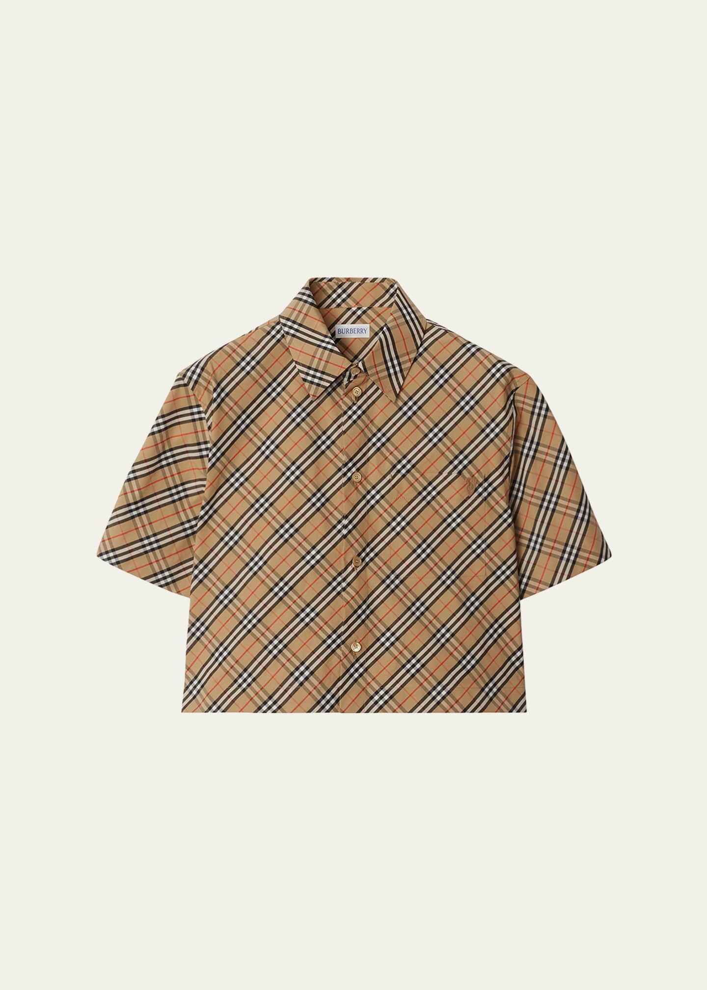 Burberry Check Short-Sleeve Crop Button-Down Shirt Image 1 of 4