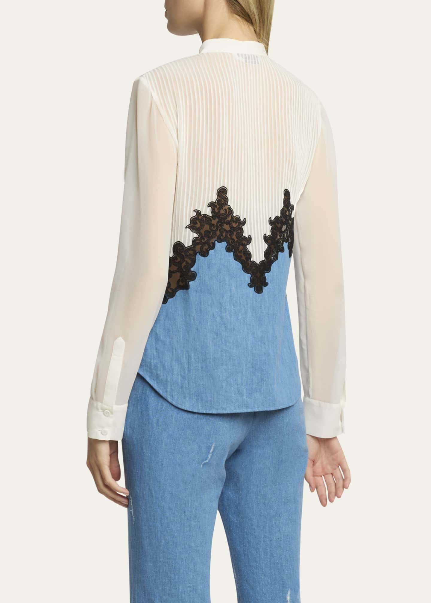 Kheti Pintuck Denim Lace Button Down Top