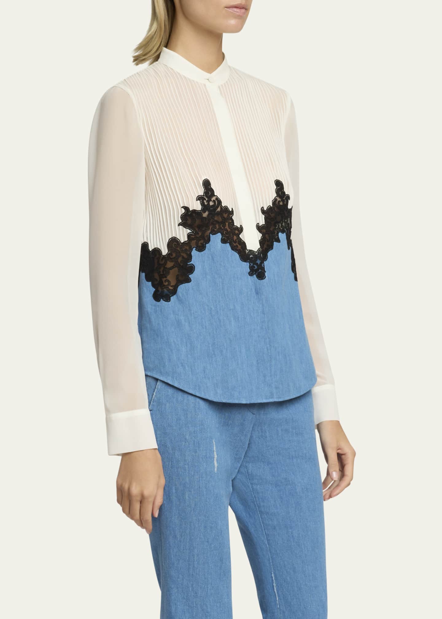 Kheti Pintuck Denim Lace Button Down Top