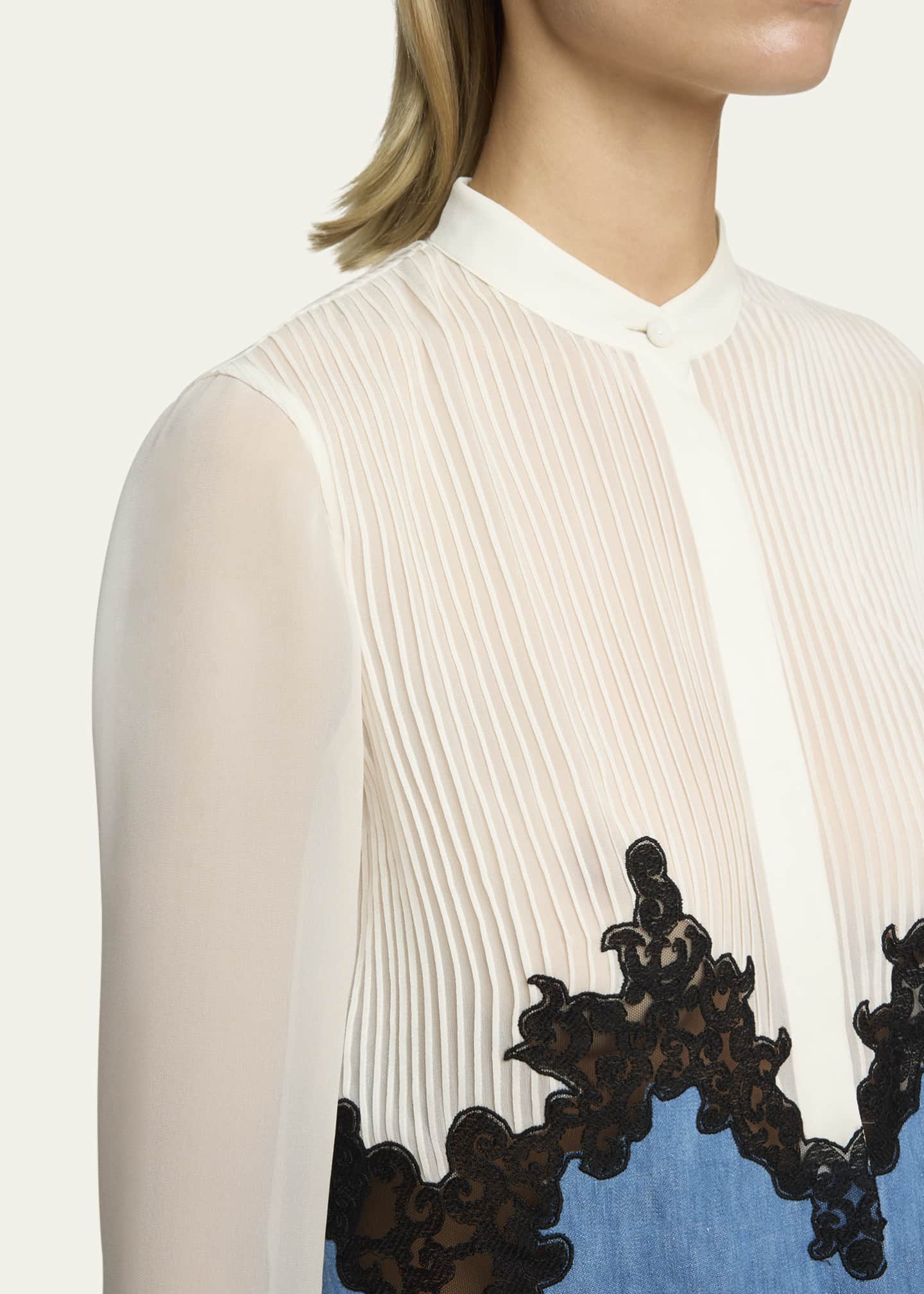 Kheti Pintuck Denim Lace Button Down Top