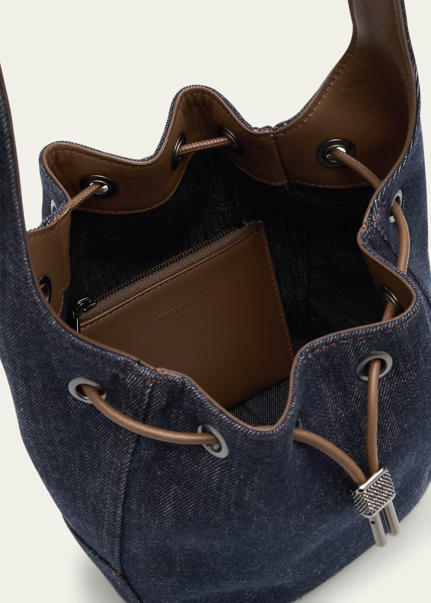 Brunello Cucinelli Duo Mini Denim Drawstring Bucket Bag Image 4 of 6