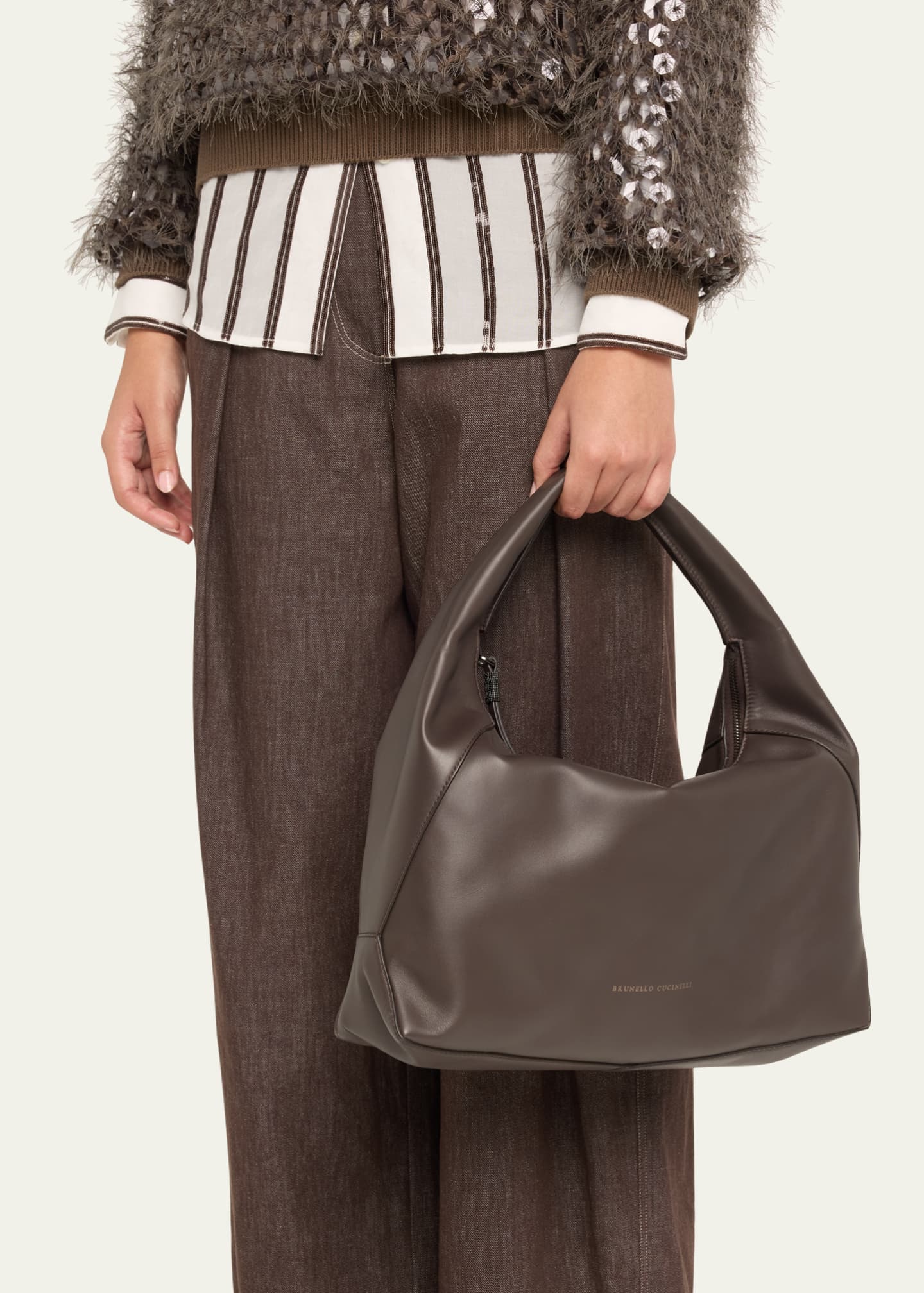 Brunello Cucinelli Zip Calf Leather Hobo Bag Image 2 of 6