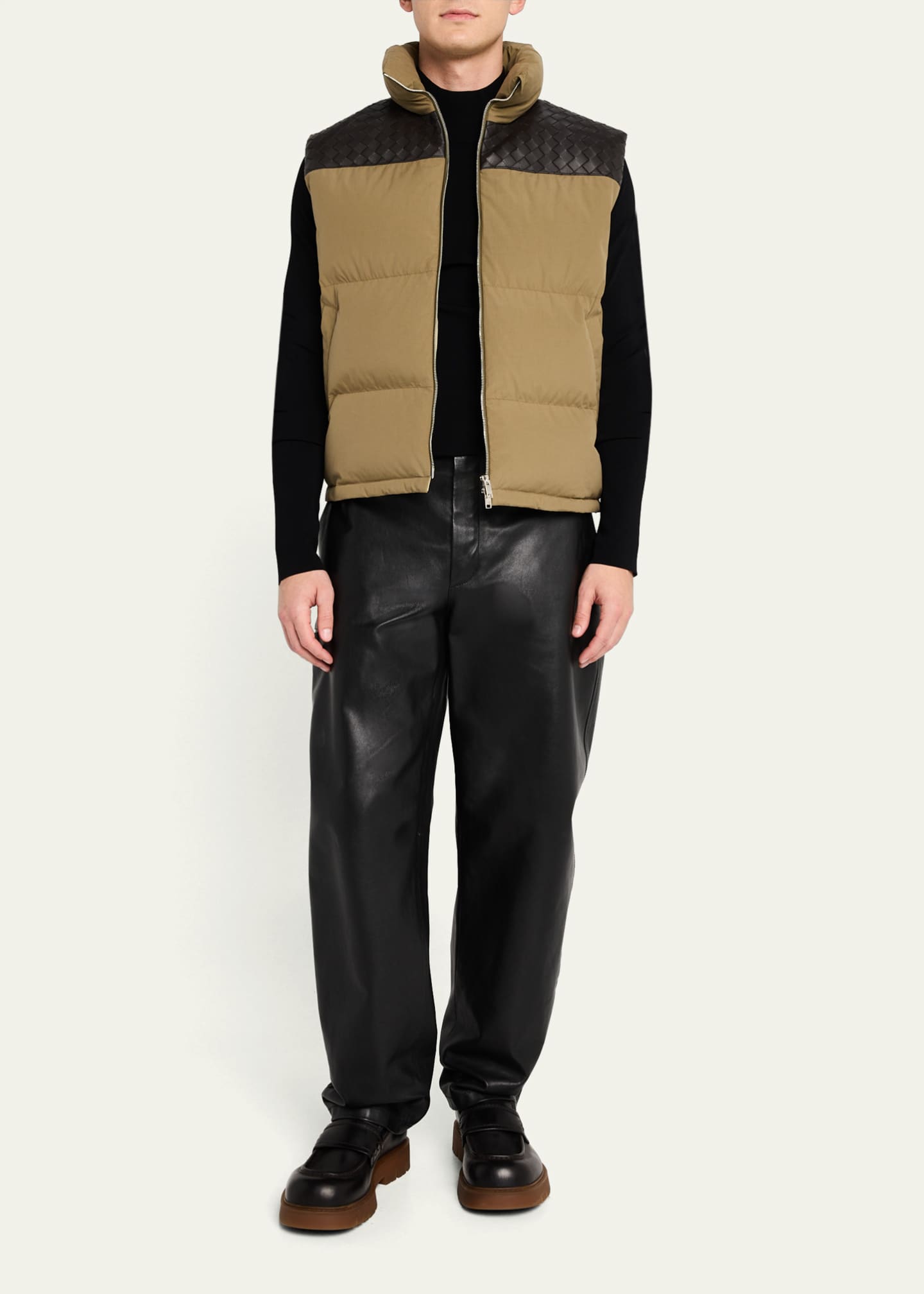 Bottega Veneta Men's Cotton and Intrecciato Leather Puffer Vest Image 2 of 5
