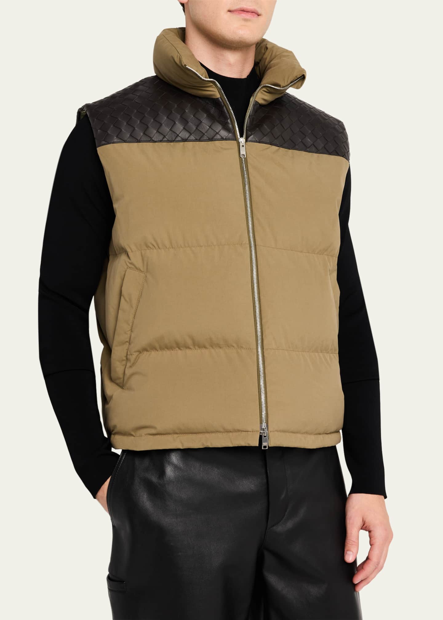 Bottega Veneta Men's Cotton and Intrecciato Leather Puffer Vest Image 4 of 5