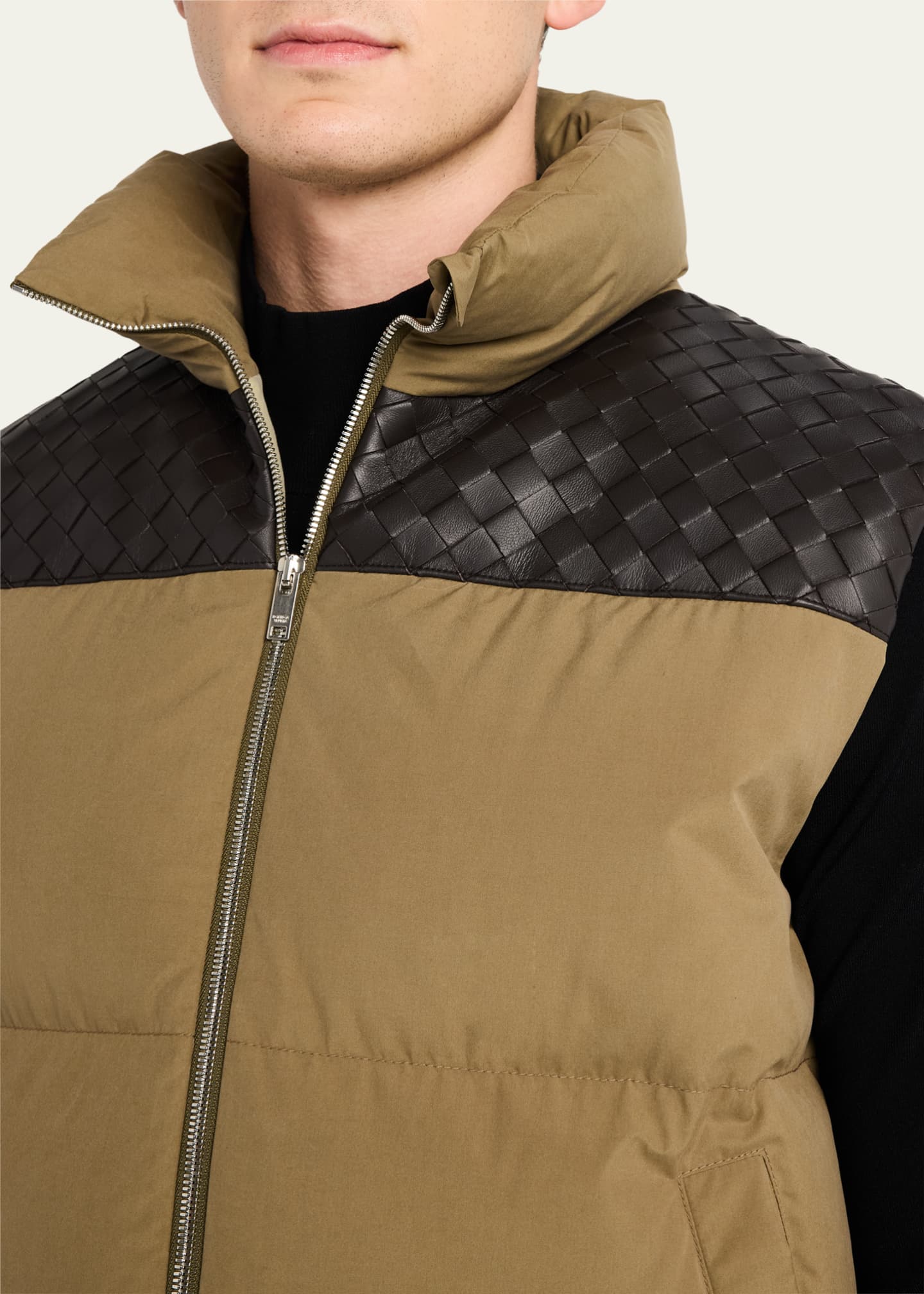 Bottega Veneta Men's Cotton and Intrecciato Leather Puffer Vest Image 5 of 5