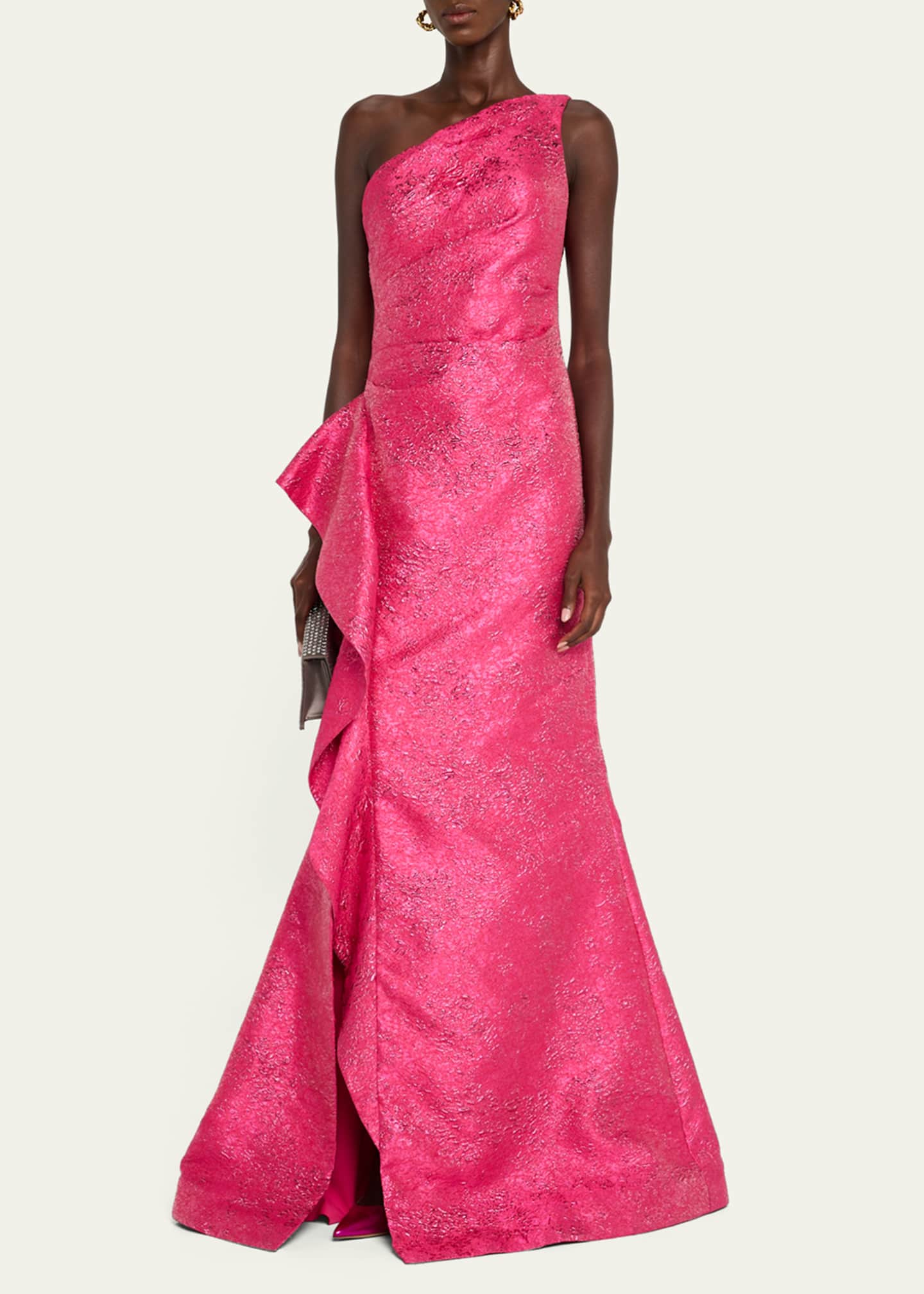 Rickie Freeman for Teri Jon One-Shoulder Metallic Jacquard Trumpet Gown Image 2 of 5