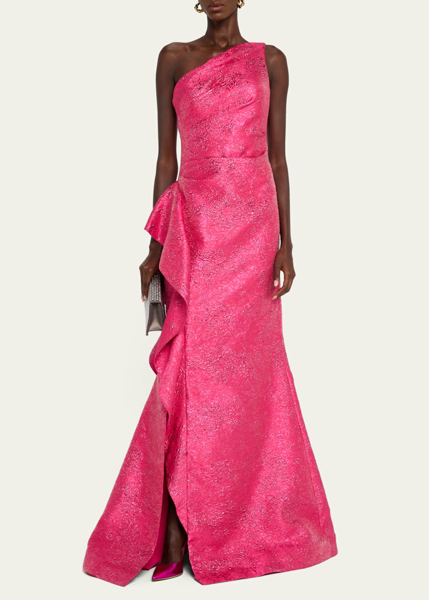 Rickie Freeman for Teri Jon One-Shoulder Metallic Jacquard Trumpet Gown Image 4 of 5