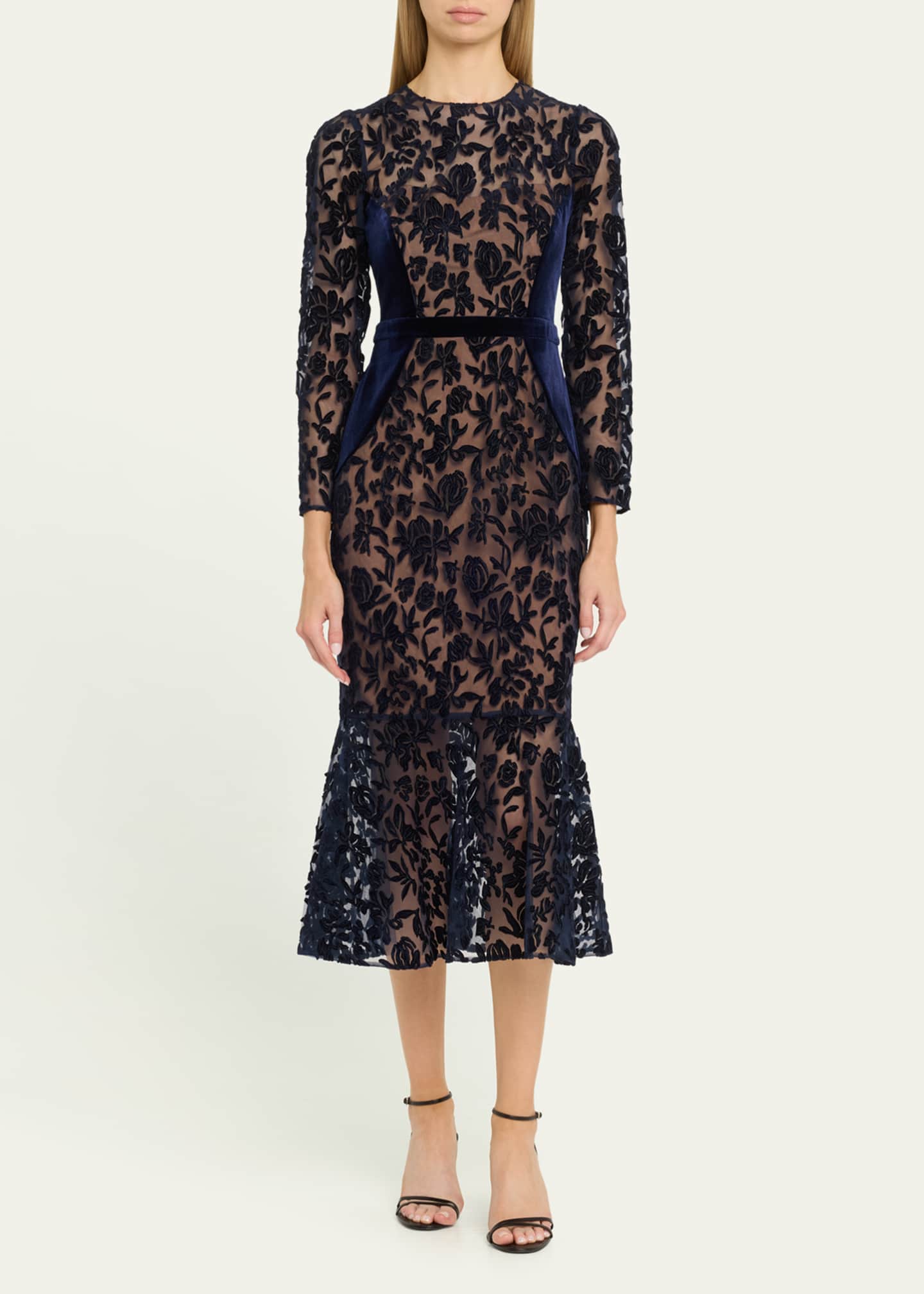 Marchesa Notte Cutwork Velvet & Tulle Midi Dress Image 2 of 5