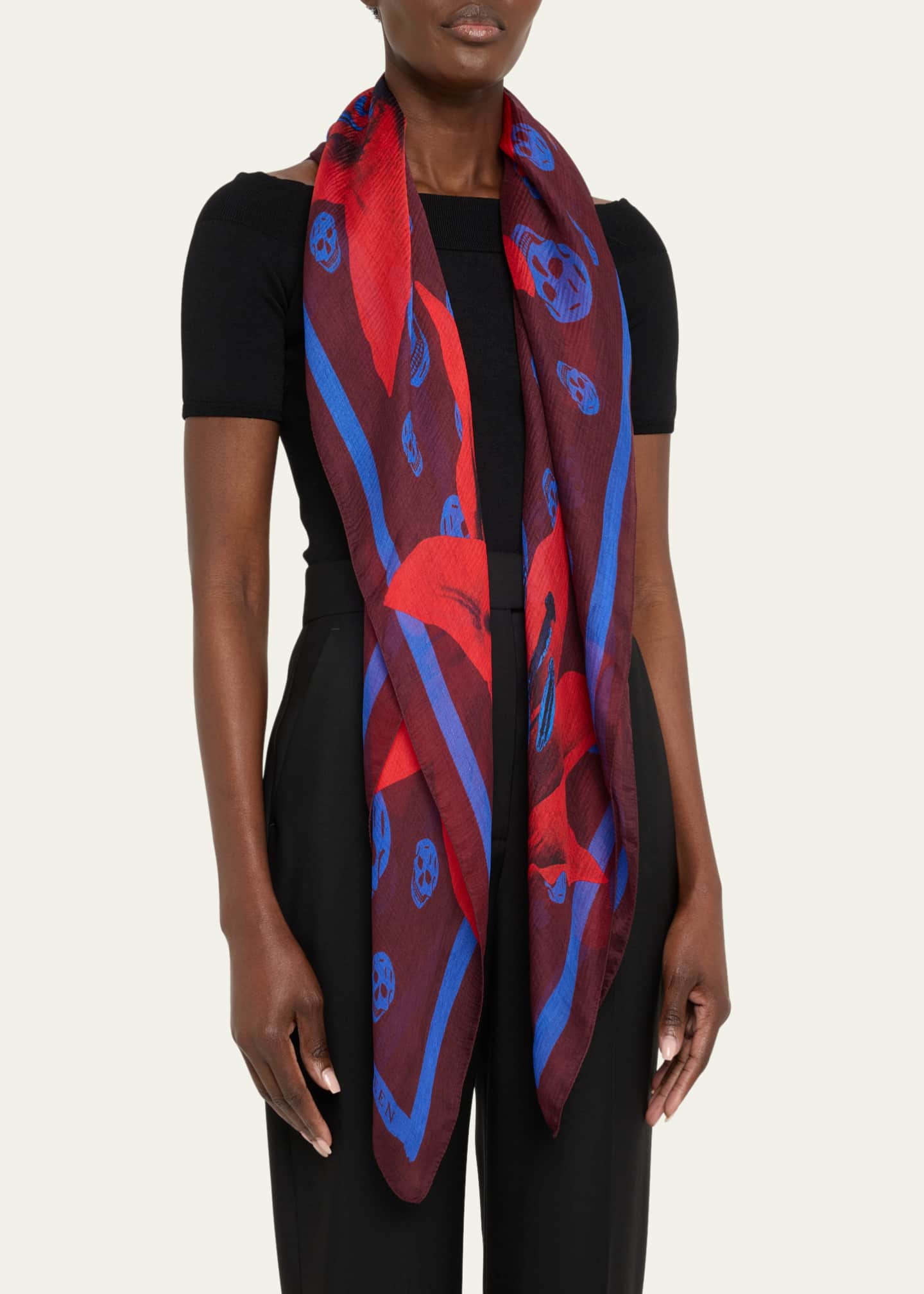 McQueen Classic Skull and Lily Silk Chiffon Scarf Image 3 of 4