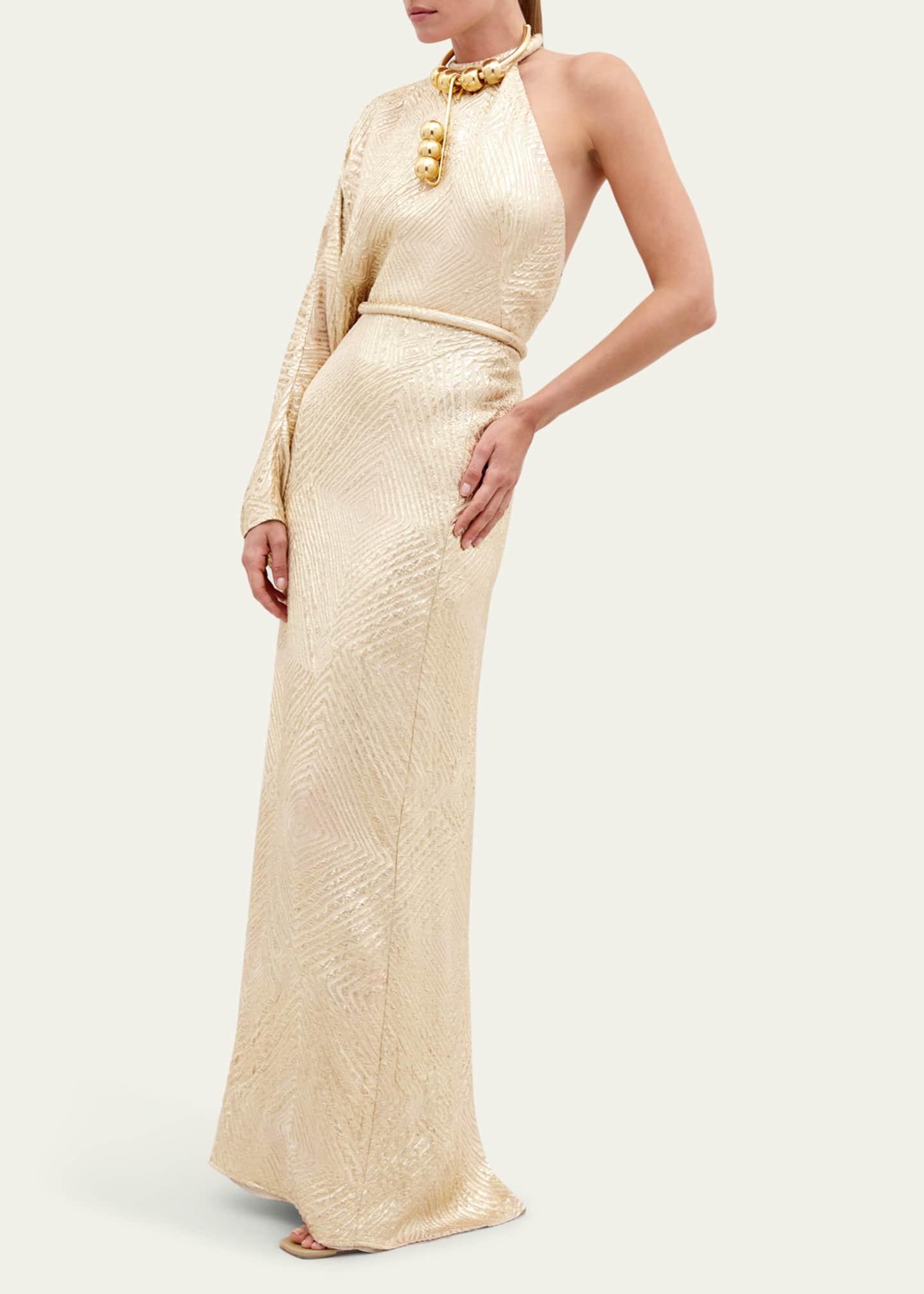 Gael Tubular Belt Textured-Jacquard One-Shoulder Gown