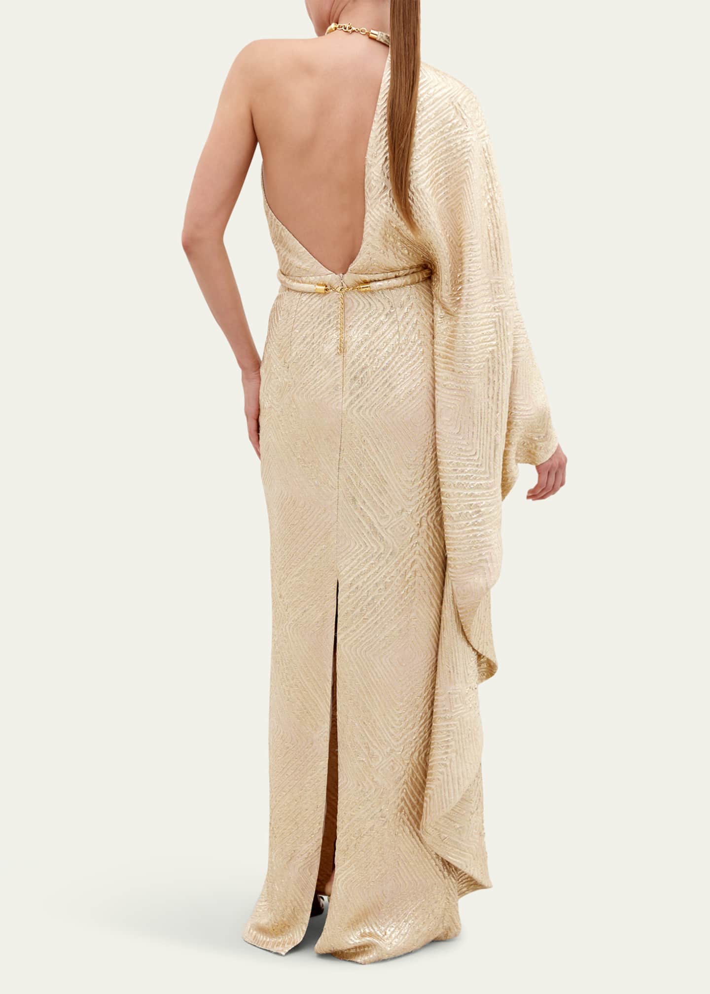Gael Tubular Belt Textured-Jacquard One-Shoulder Gown