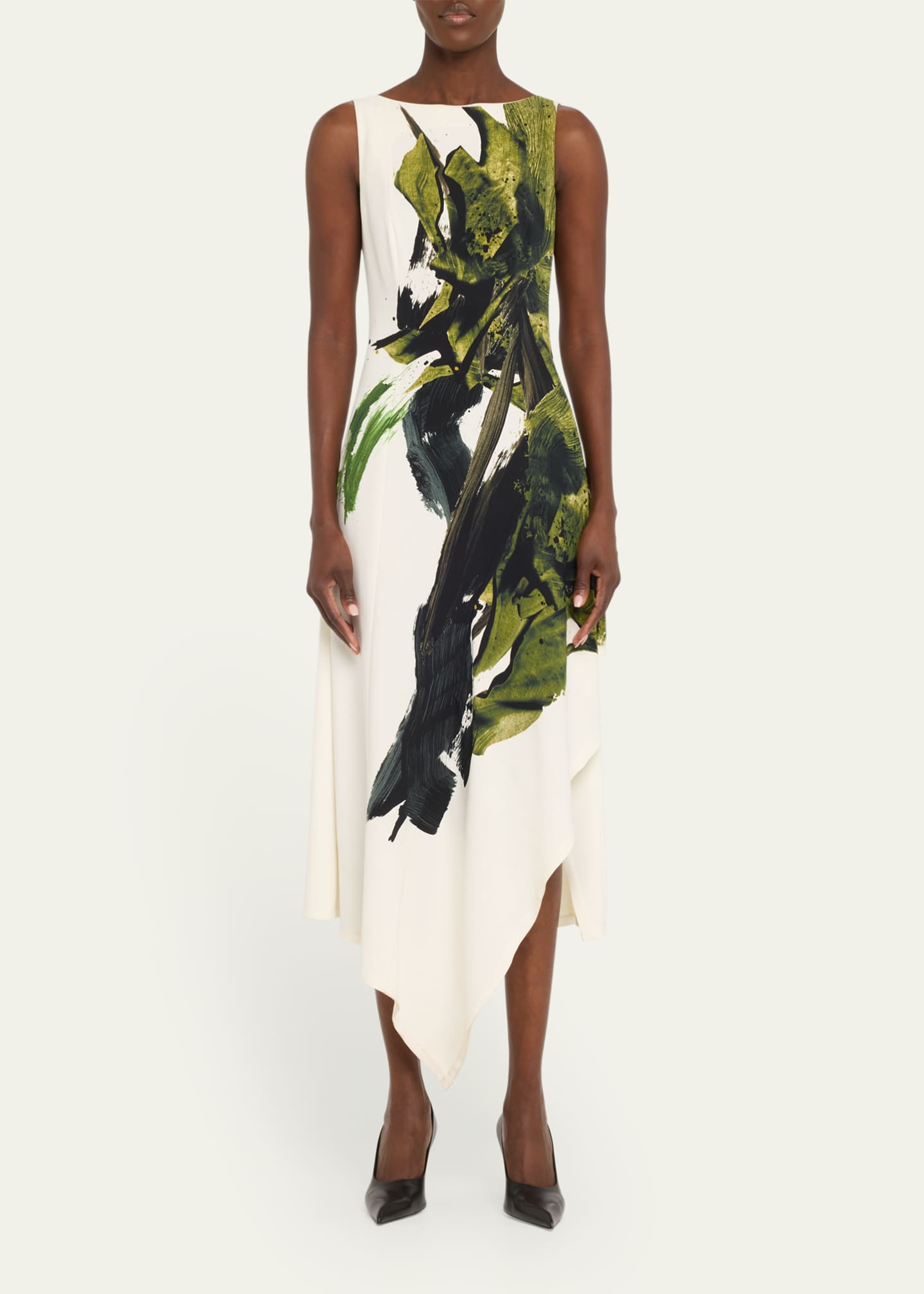 Brushstroke Boatneck Fit-Flare Crepe Dress