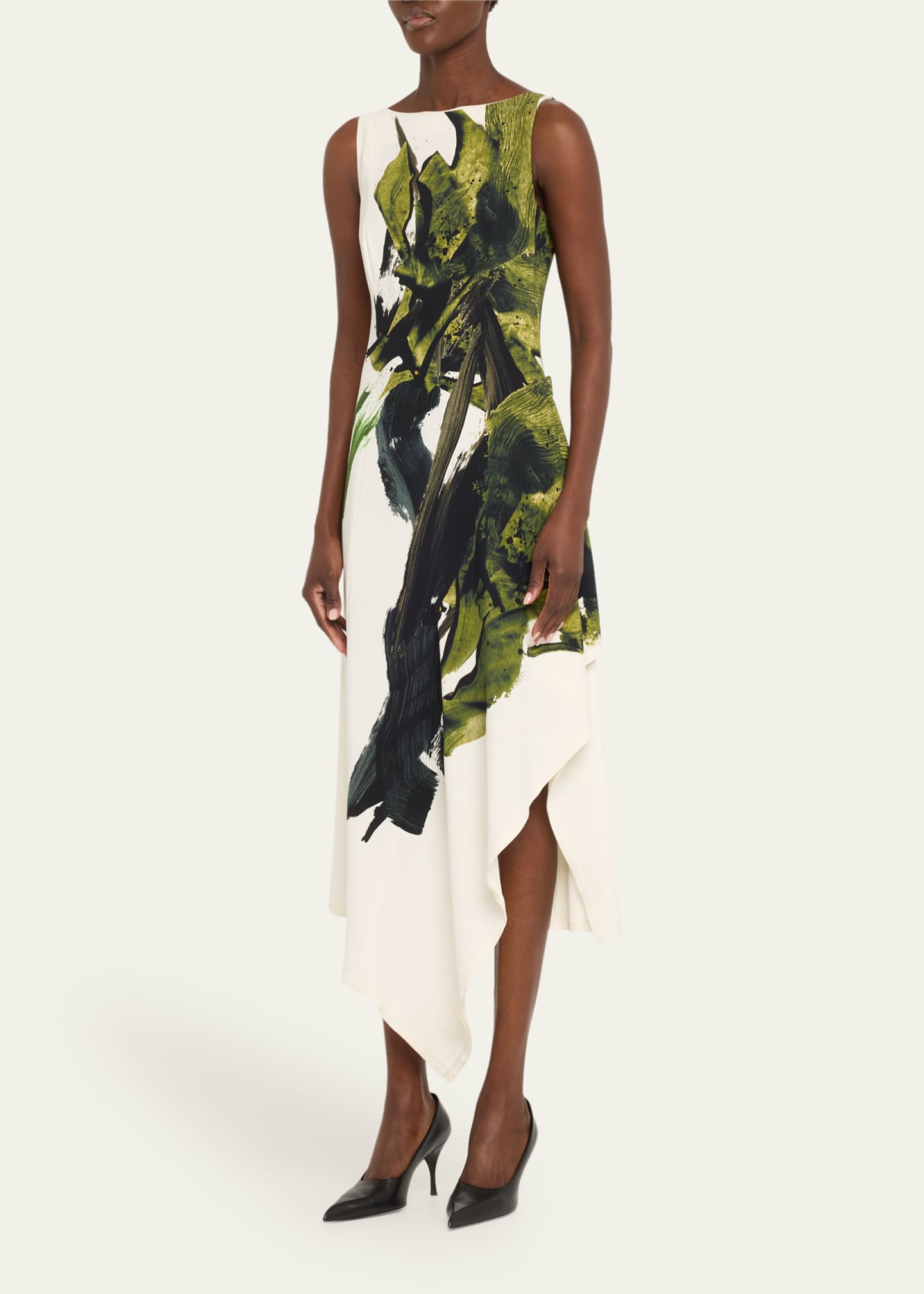 Brushstroke Boatneck Fit-Flare Crepe Dress