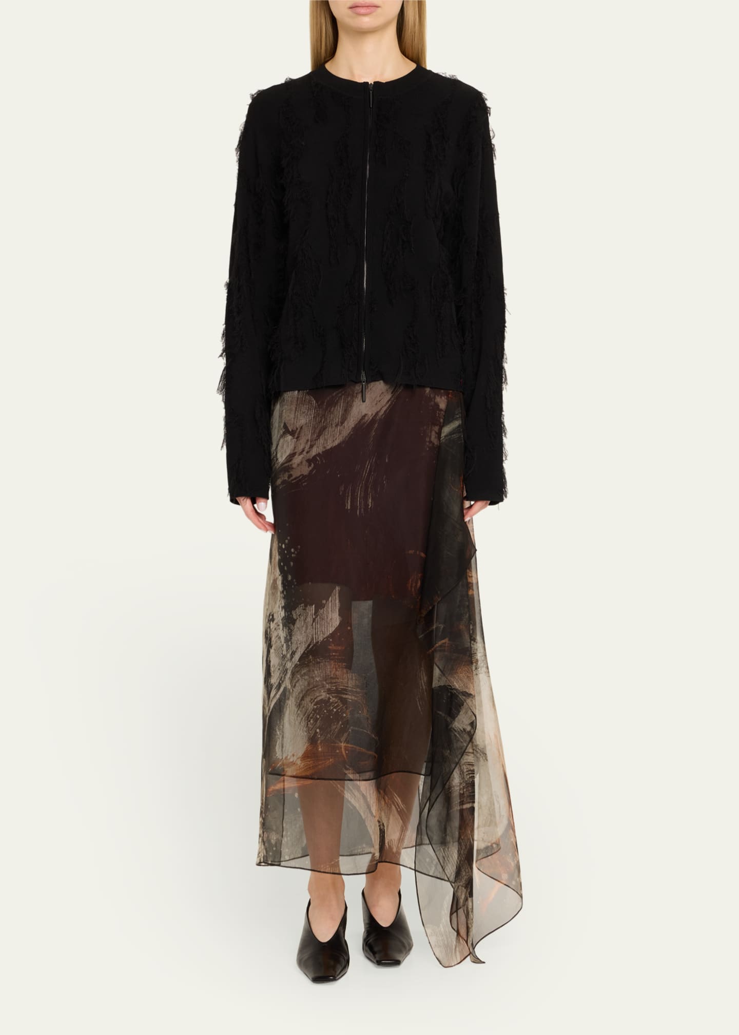 Brushstroke Fray Jacquard Zip-Up Cardigan - Thumbnail 2