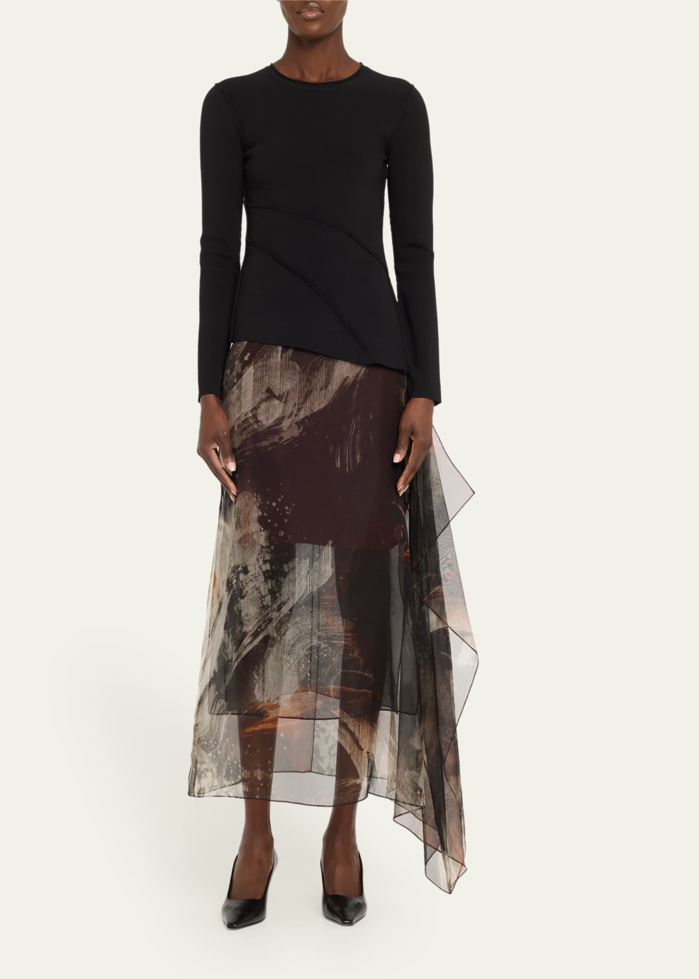 Asymmetrical Seamed Long-Sleeve Sweater - Thumbnail 2