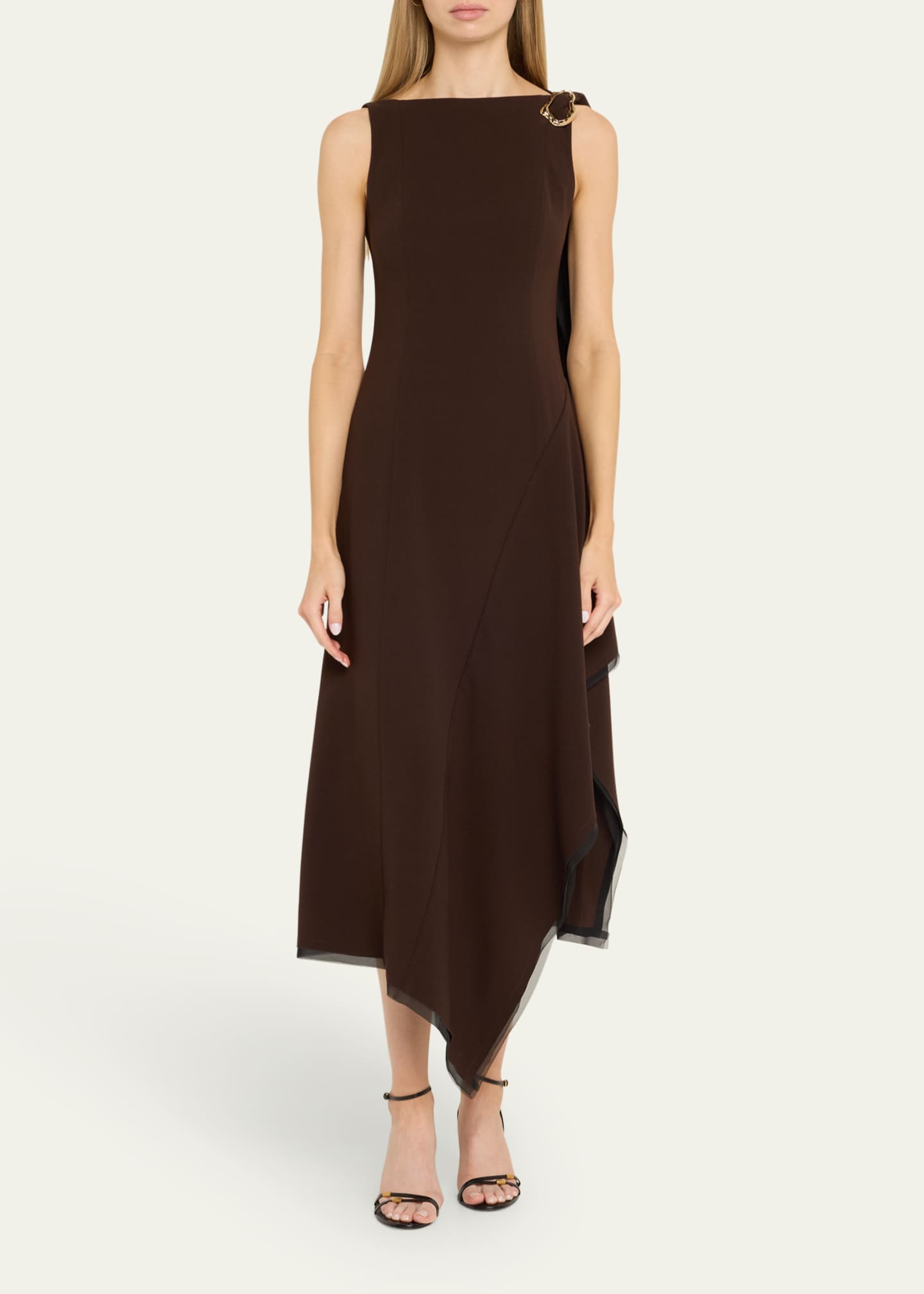 Boatneck Fit-Flare Crepe Dress With Organza Trim