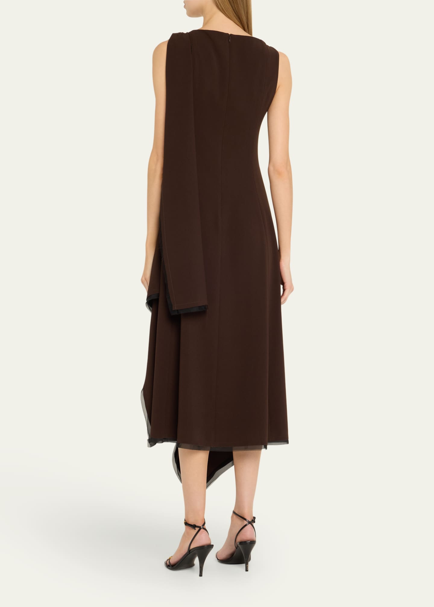 Boatneck Fit-Flare Crepe Dress With Organza Trim