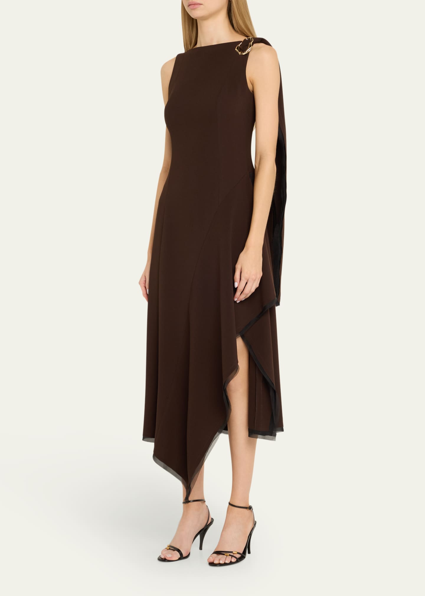 Boatneck Fit-Flare Crepe Dress With Organza Trim