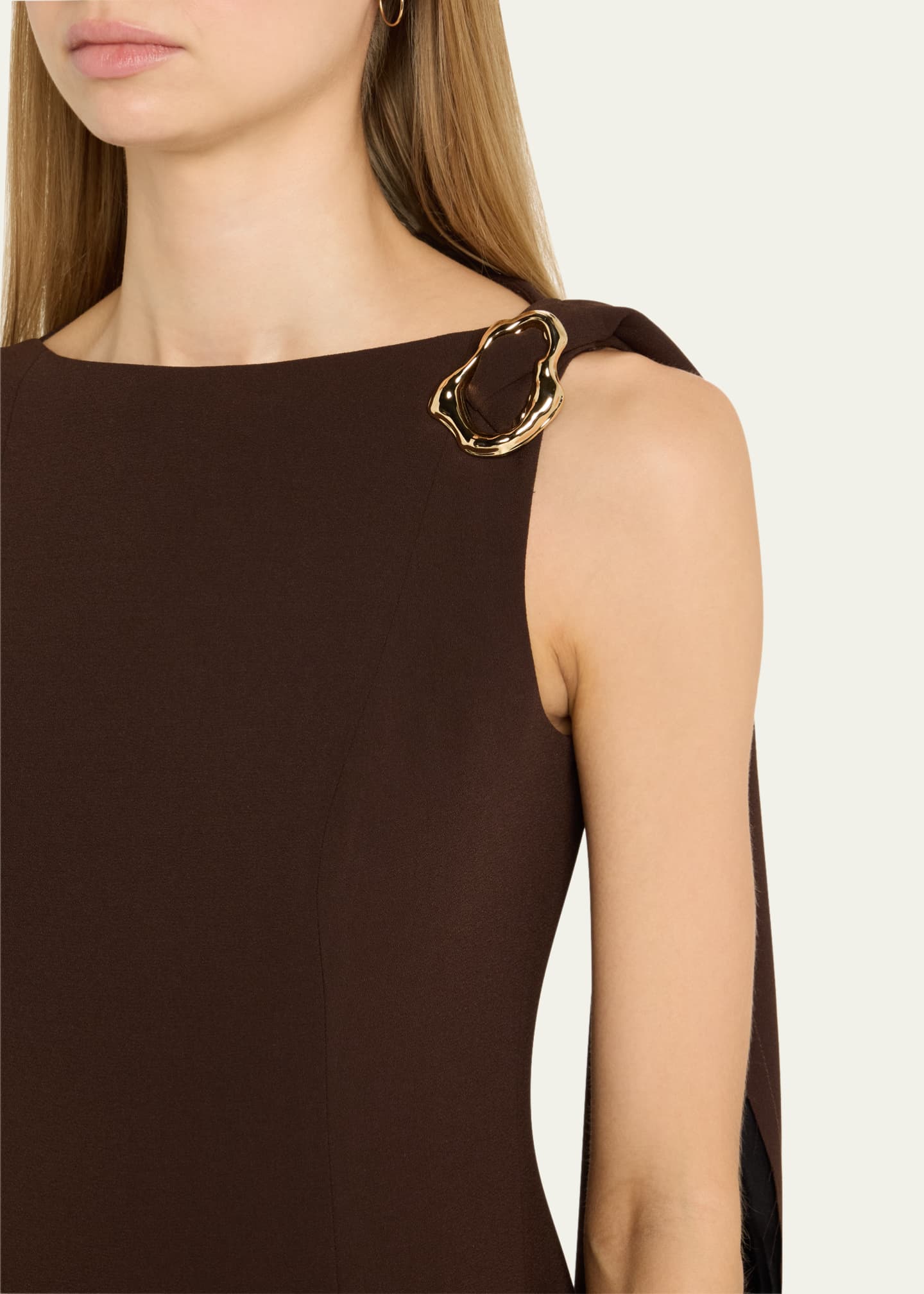Boatneck Fit-Flare Crepe Dress With Organza Trim