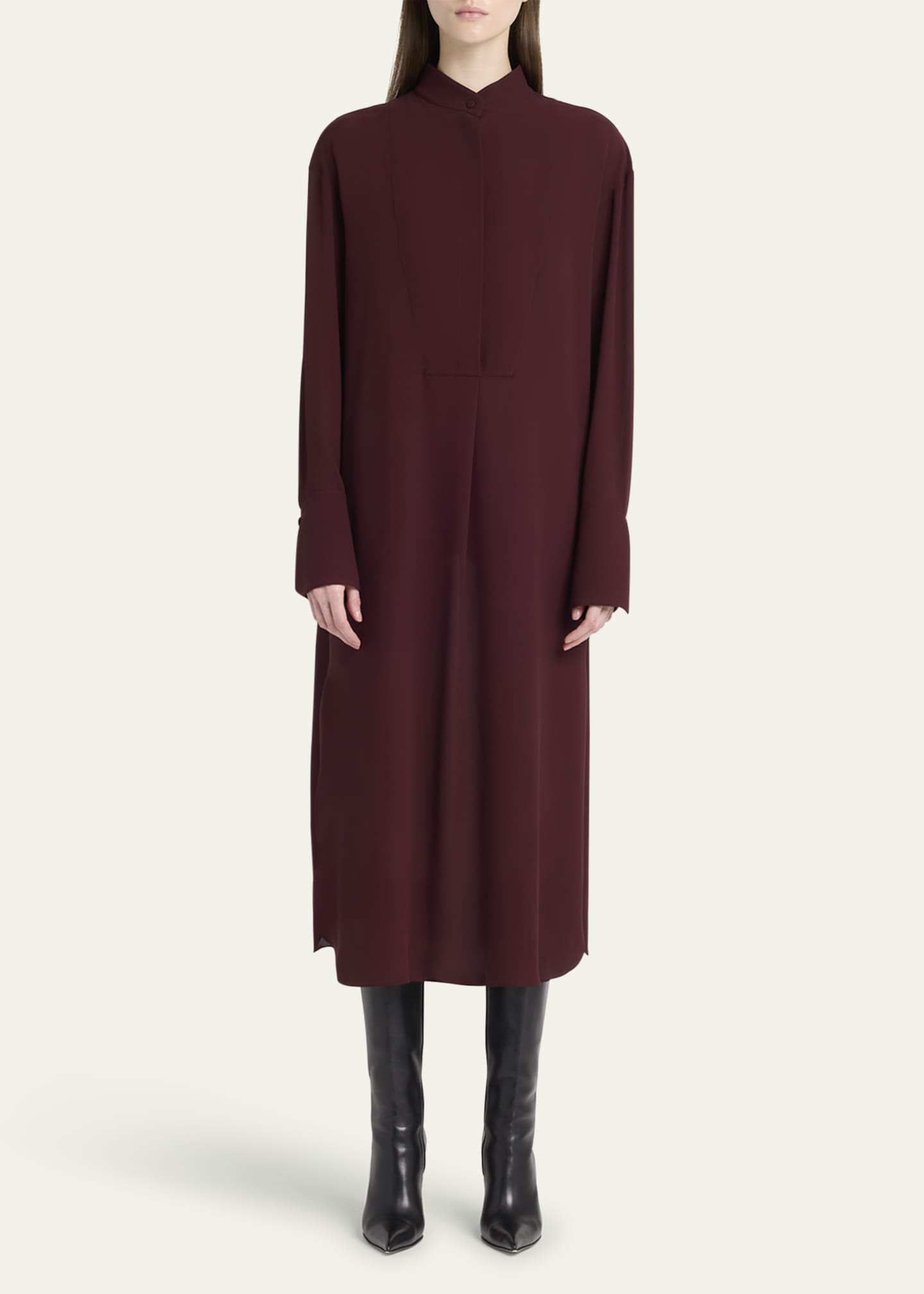McQueen Long-Sleeve Silk Midi Day Shirtdress Image 2 of 5