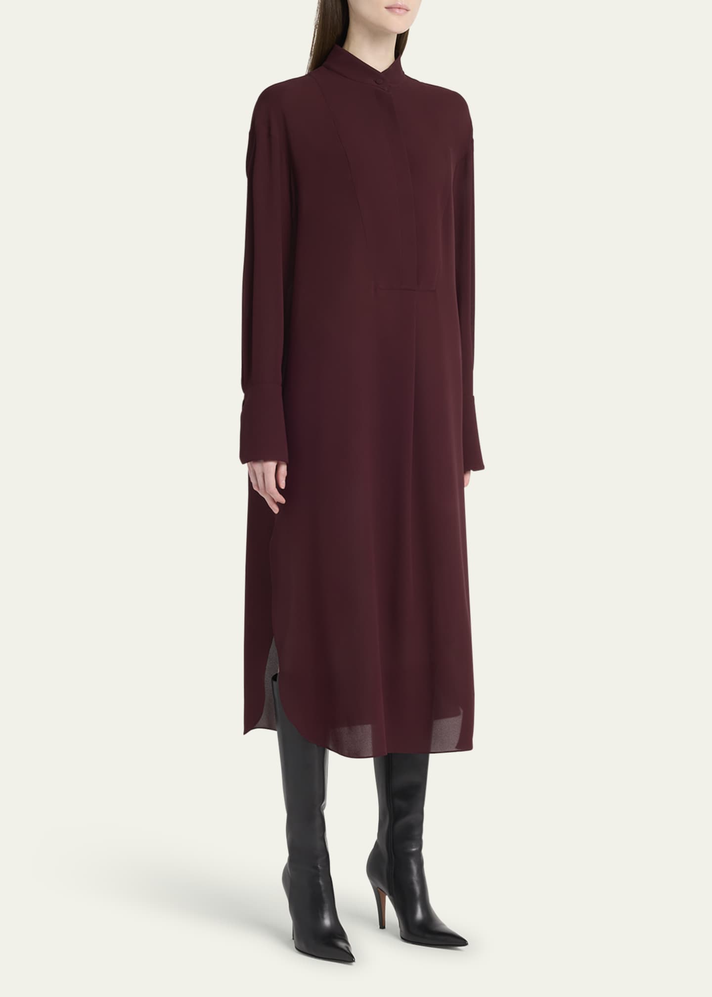 McQueen Long-Sleeve Silk Midi Day Shirtdress Image 4 of 5