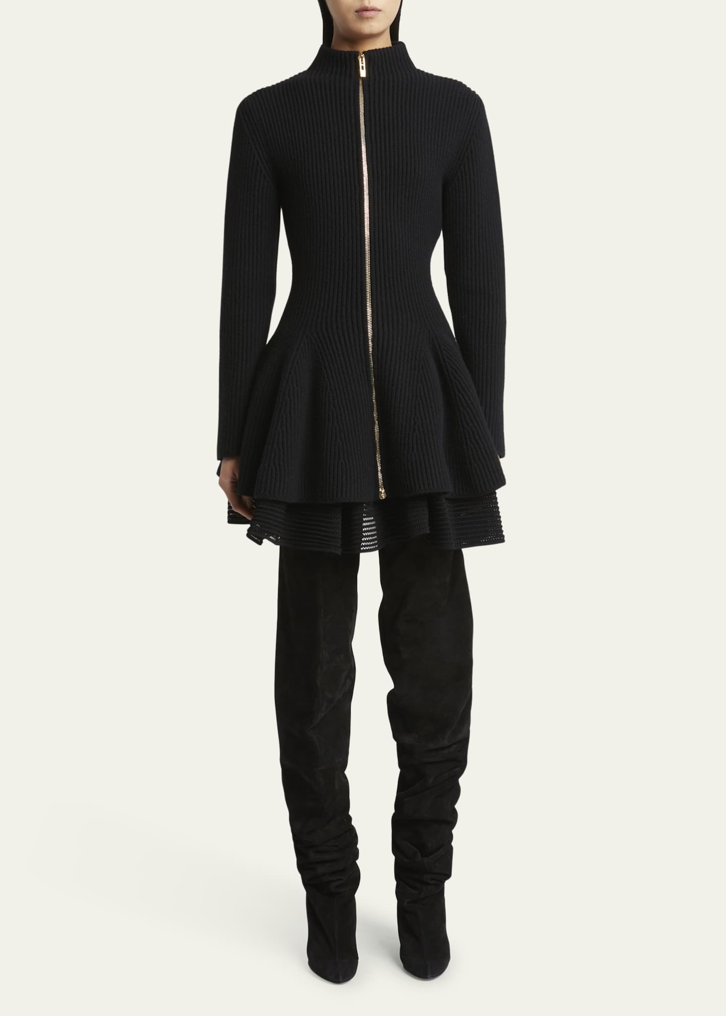 ALAIA Peplum Zip-Up Wool Cashmere Cardigan Image 2 of 5