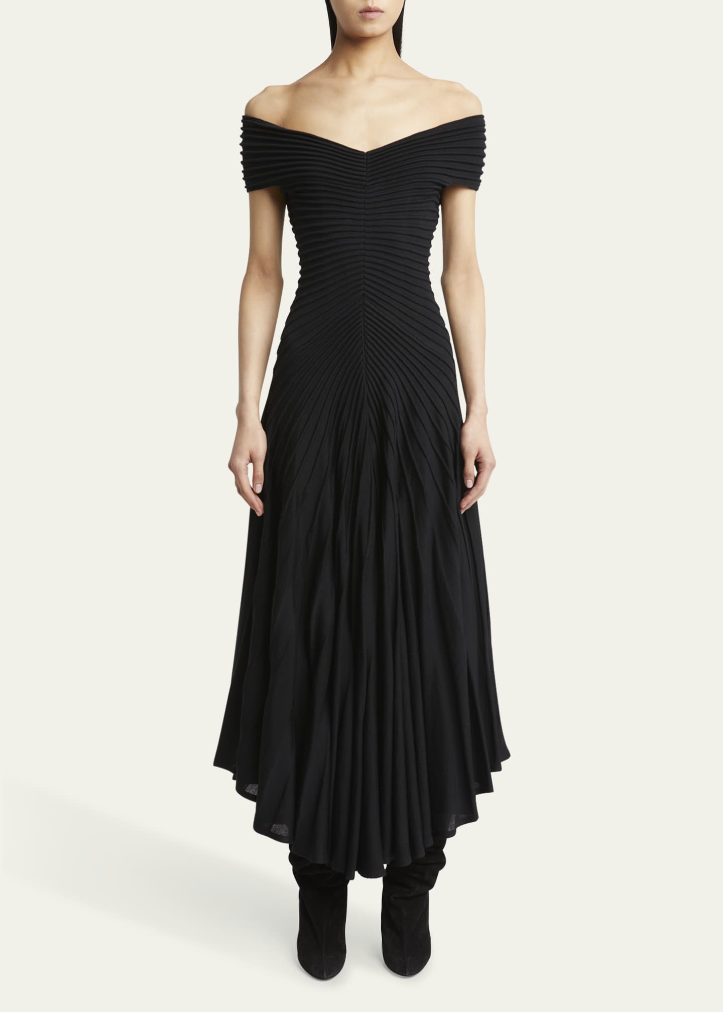 ALAIA Off-Shoulder Sculpting Line Flared Wool Maxi Dress Image 2 of 5