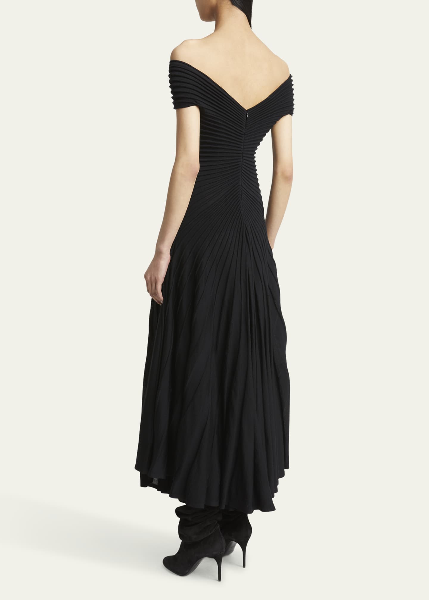 ALAIA Off-Shoulder Sculpting Line Flared Wool Maxi Dress Image 3 of 5