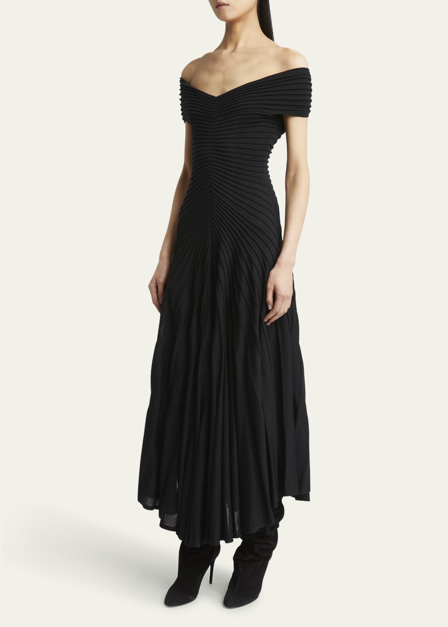 ALAIA Off-Shoulder Sculpting Line Flared Wool Maxi Dress Image 4 of 5