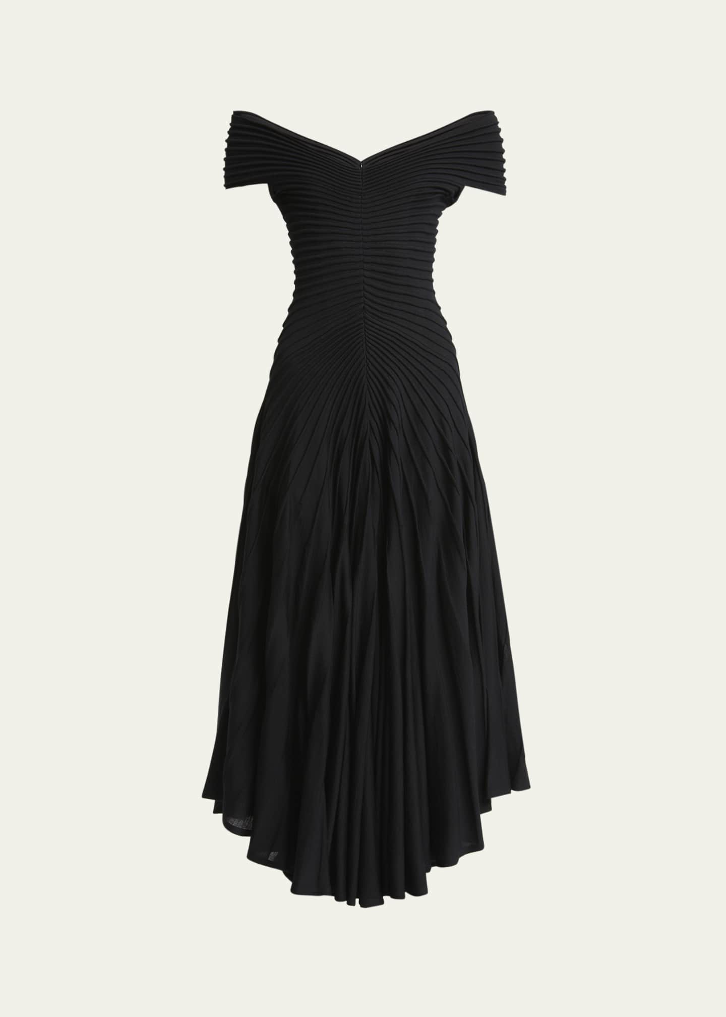ALAIA Off-Shoulder Sculpting Line Flared Wool Maxi Dress Image 1 of 5