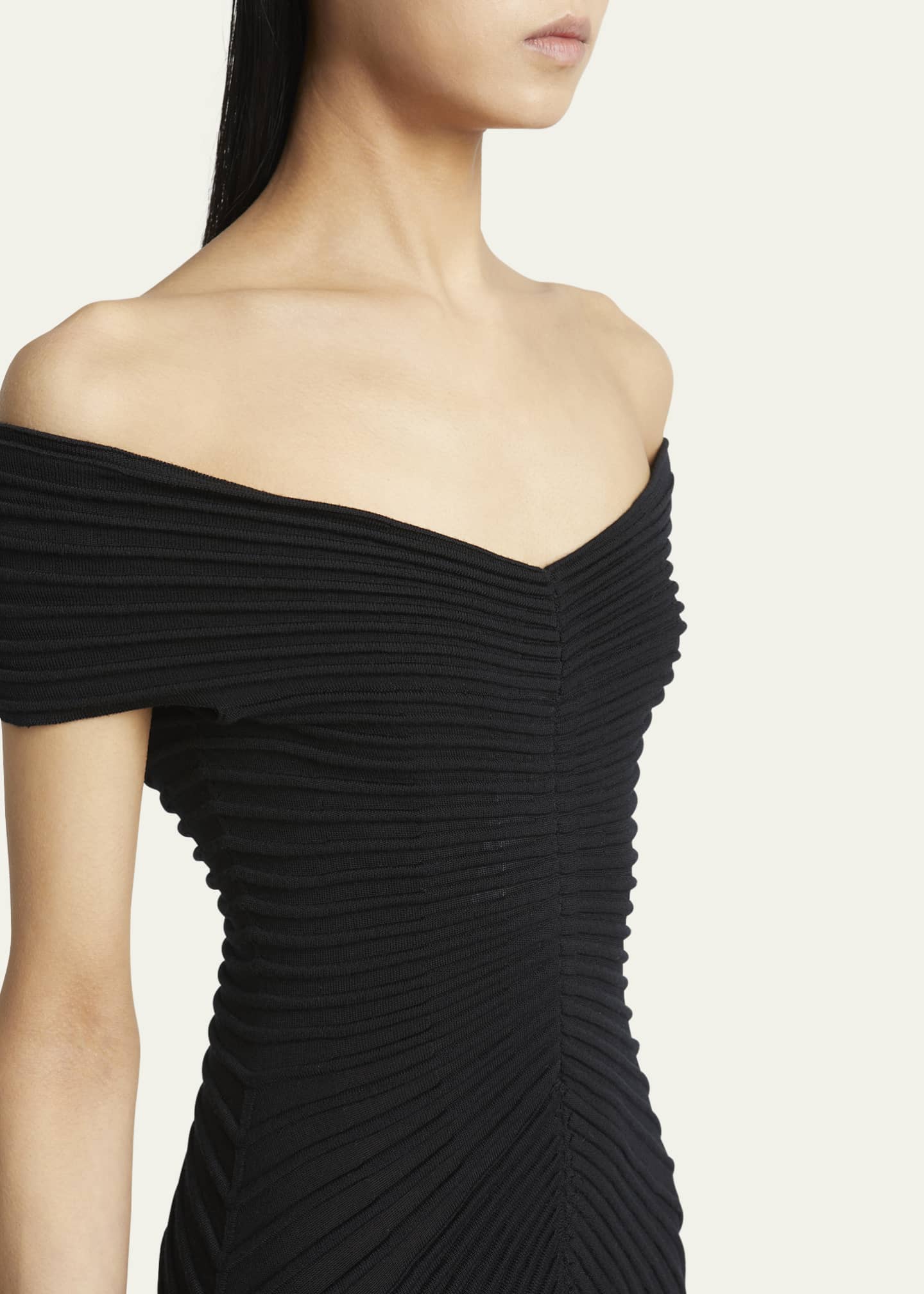 ALAIA Off-Shoulder Sculpting Line Flared Wool Maxi Dress Image 5 of 5