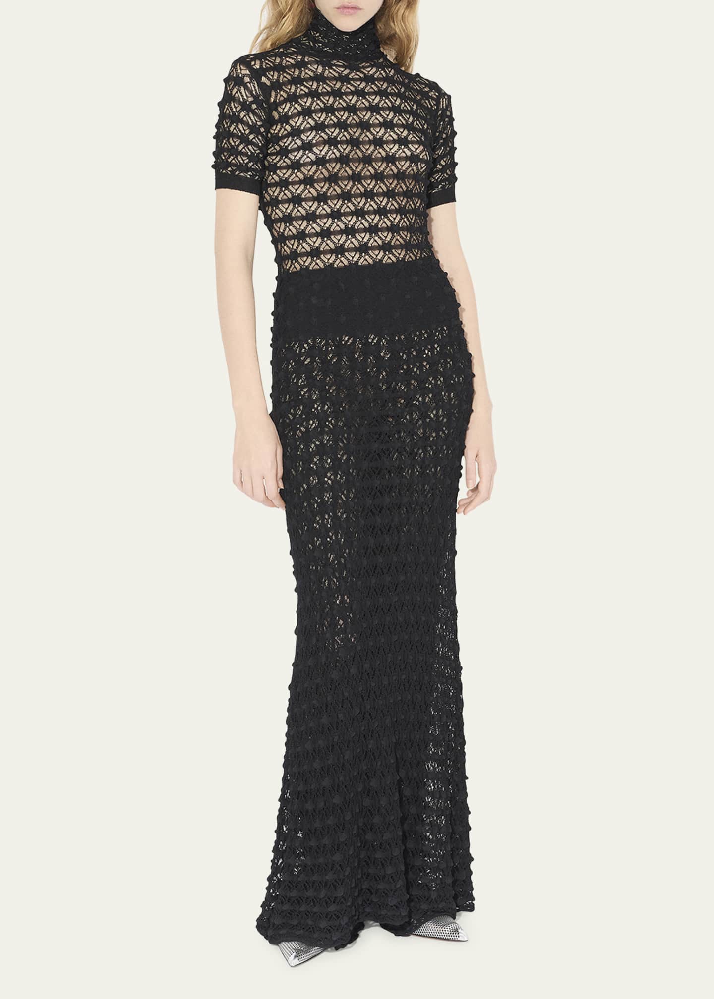 ALAIA Mock-Neck Short-Sleeve Sheer Lace Gown Image 2 of 5