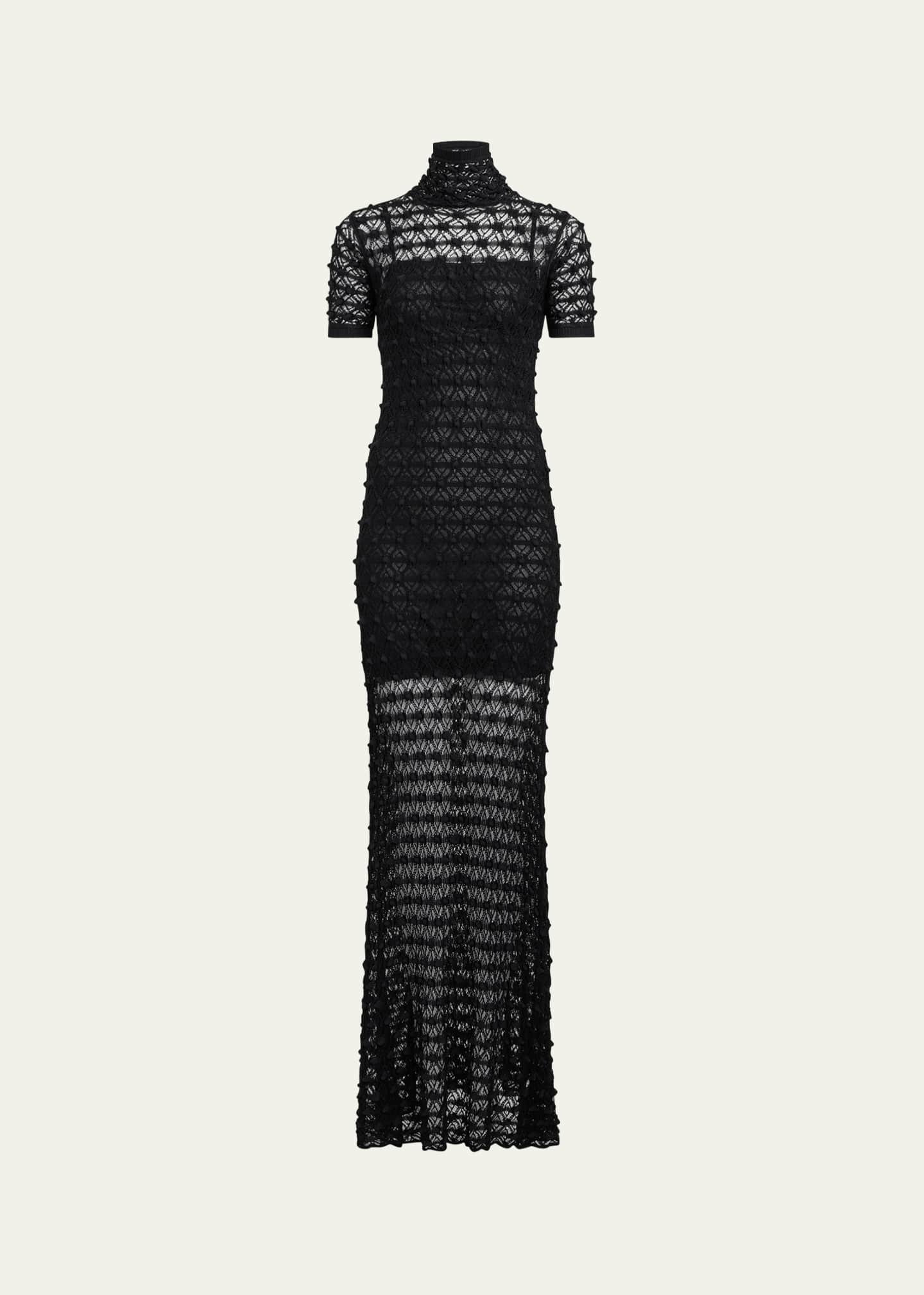 ALAIA Mock-Neck Short-Sleeve Sheer Lace Gown - Bergdorf Goodman