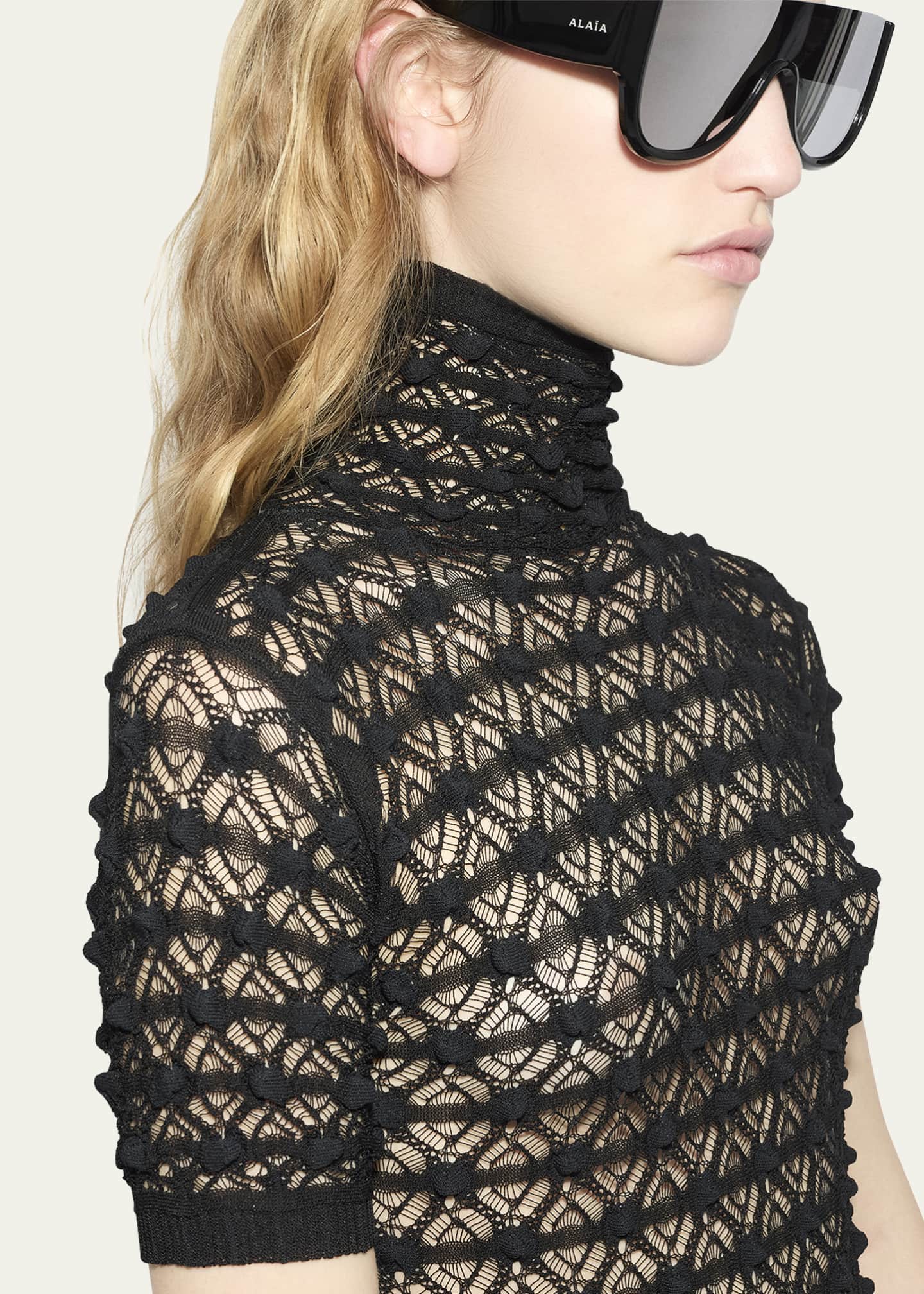 ALAIA Mock-Neck Short-Sleeve Sheer Lace Gown Image 5 of 5