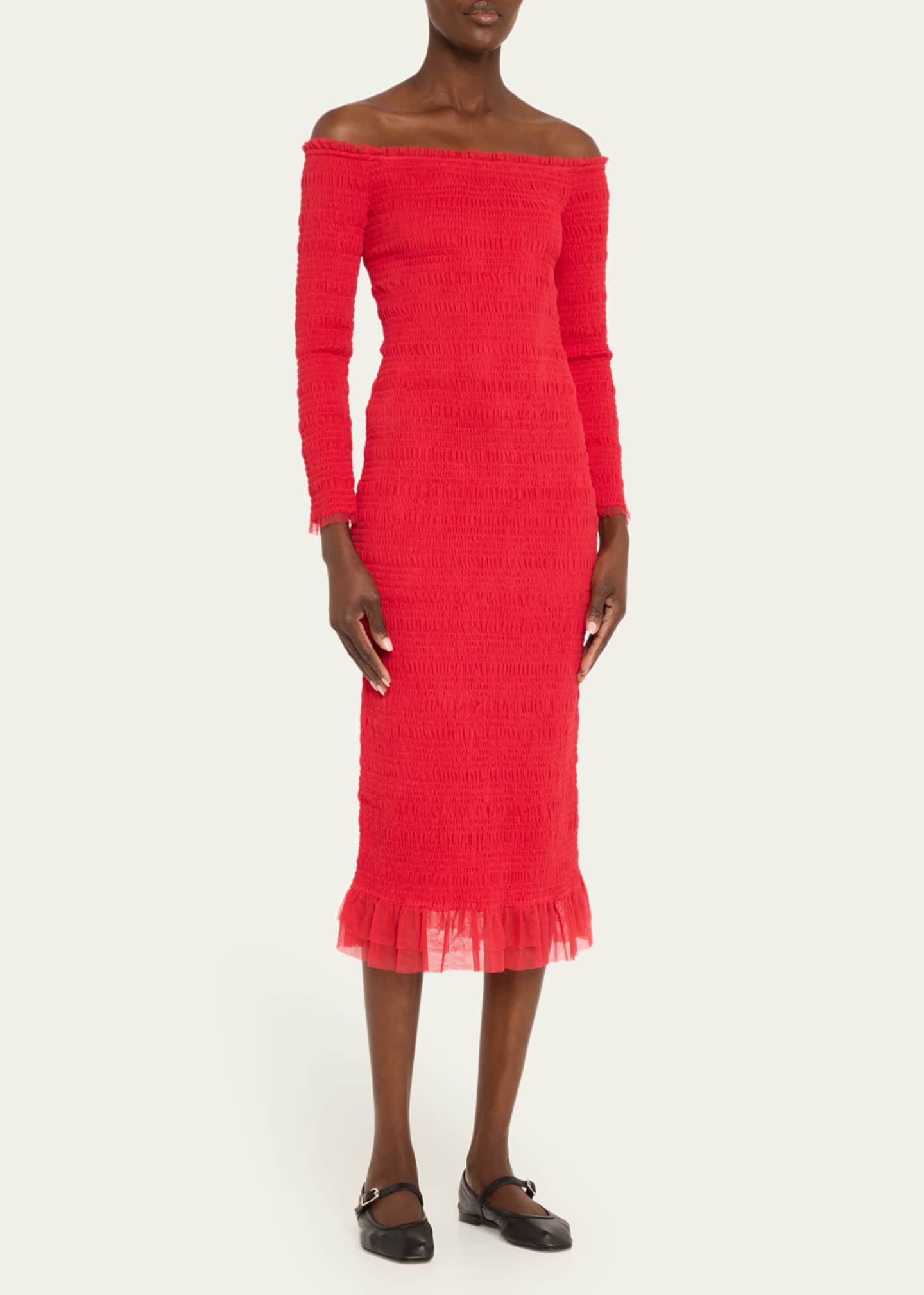 LoveShackFancy Avelle Shirred Off-Shoulder Tulle Dress Image 4 of 5 - holiday party dresses