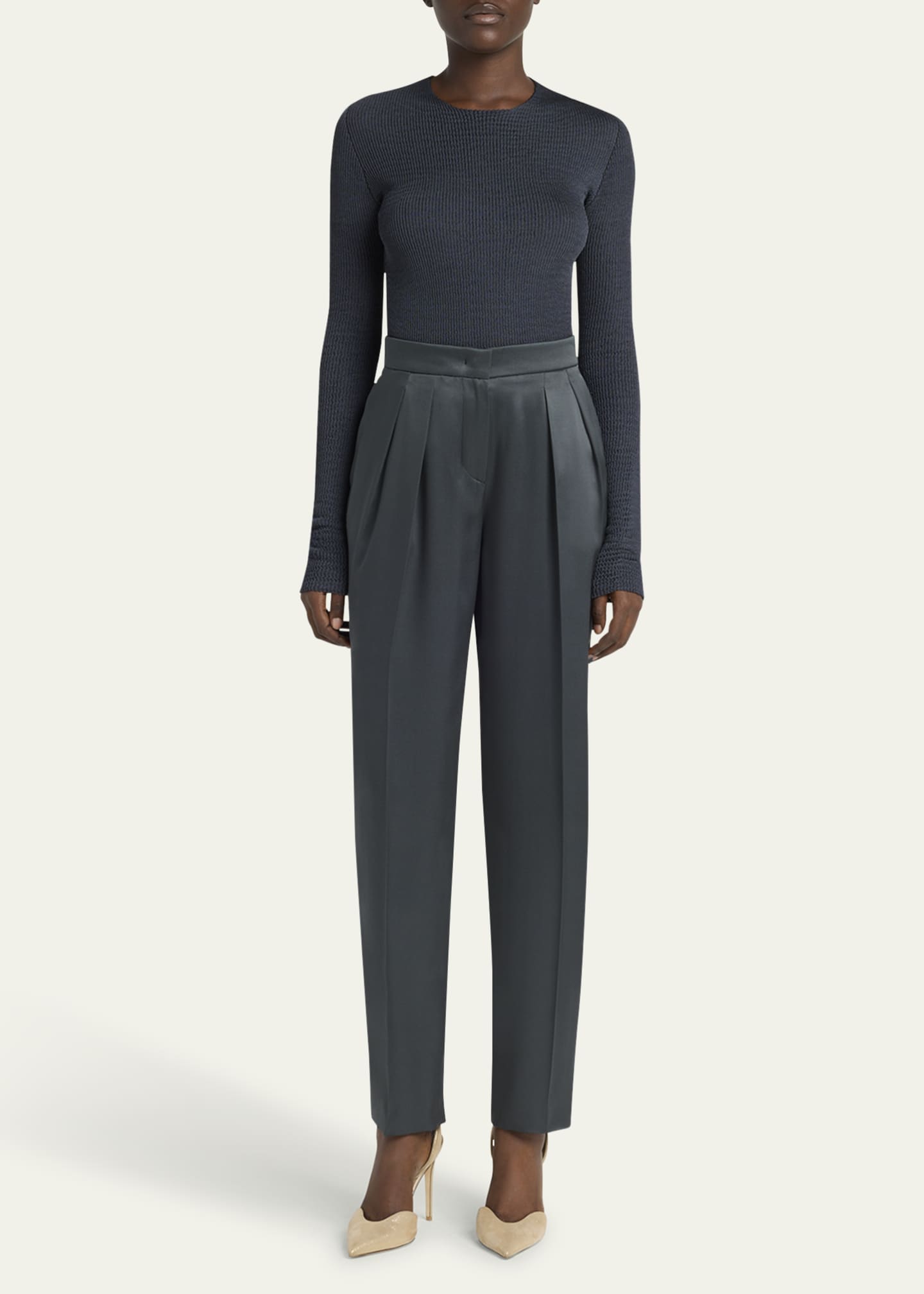 Giorgio Armani Silk Satin Pleated Straight-Leg Trousers Image 2 of 5
