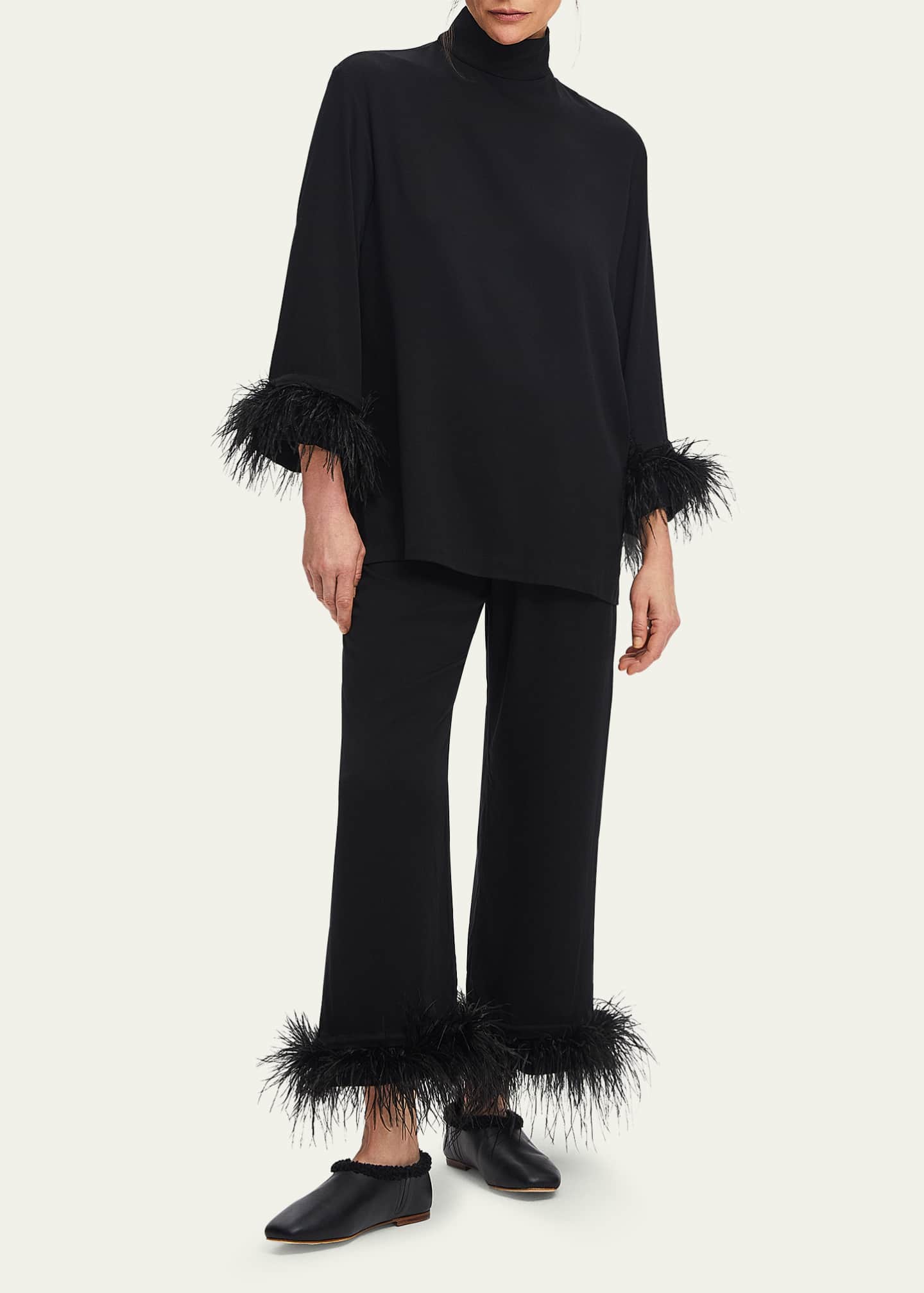 Sleeper Black Tie Cropped Feather-Trim Pajama Set Image 2 of 3