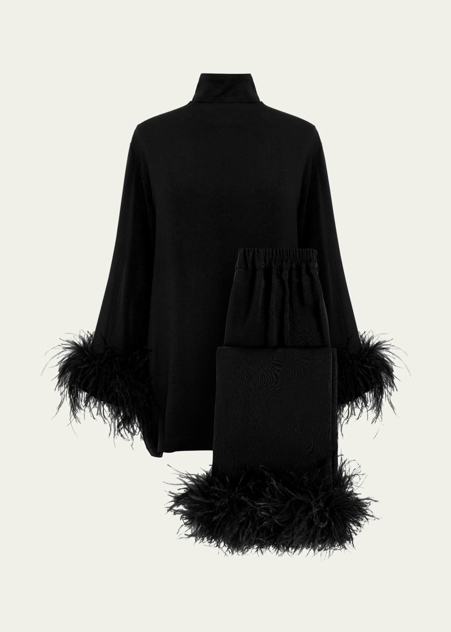 Sleeper Black Tie Cropped Feather-Trim Pajama Set Image 1 of 3