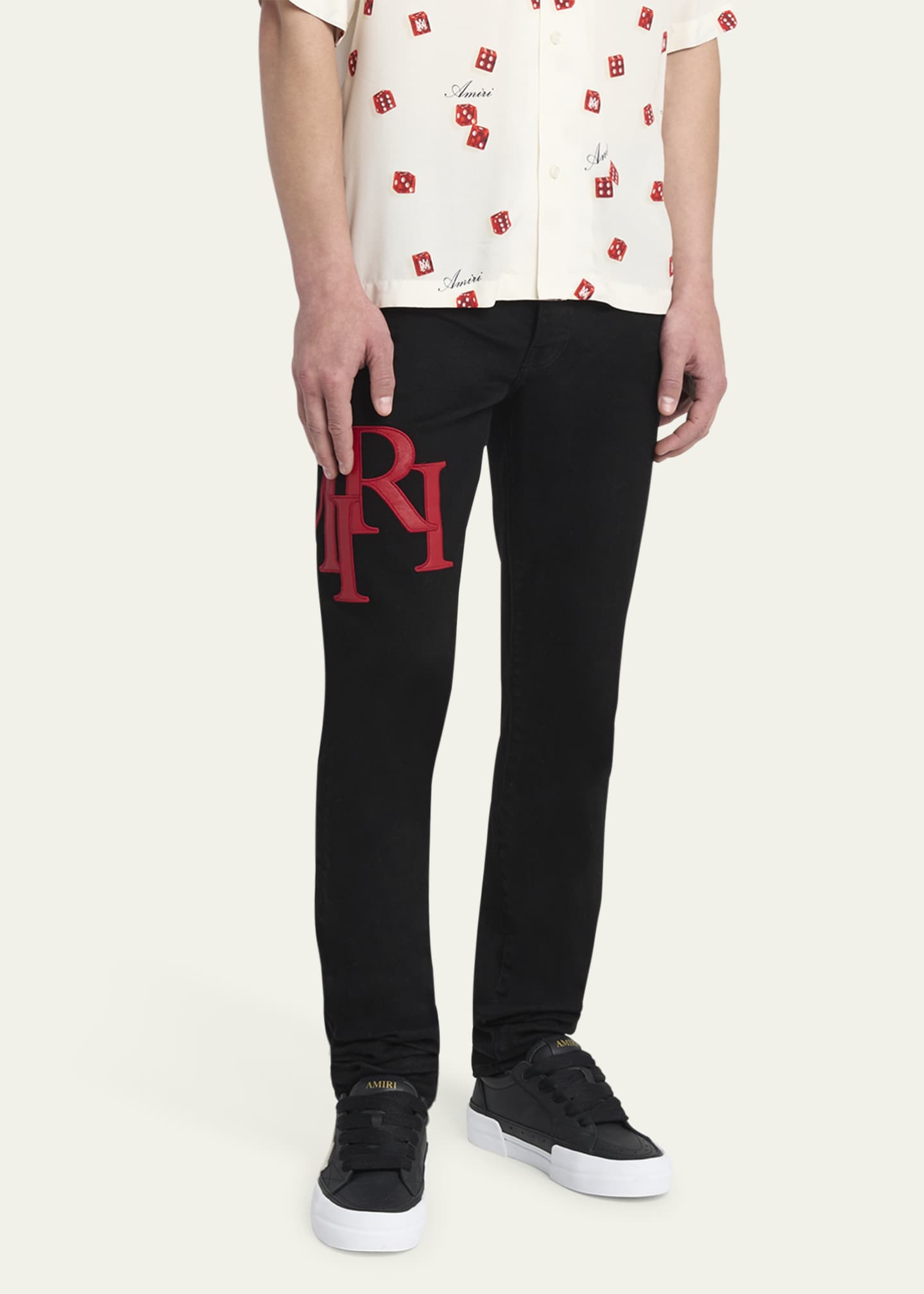 Amiri Men's Staggered Leather Logo Skinny Jeans Image 4 of 5