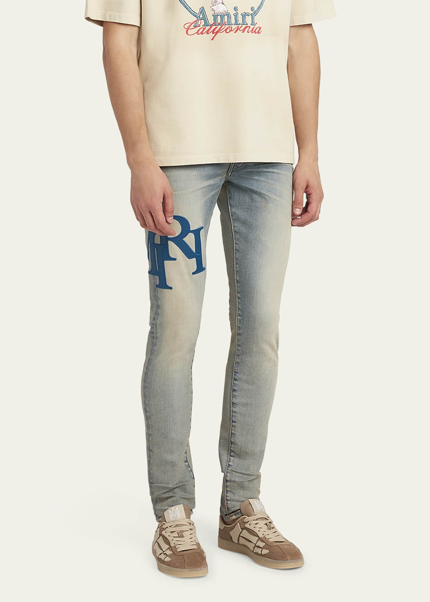 Amiri Men's Staggered Leather Logo Skinny Jeans Image 4 of 5