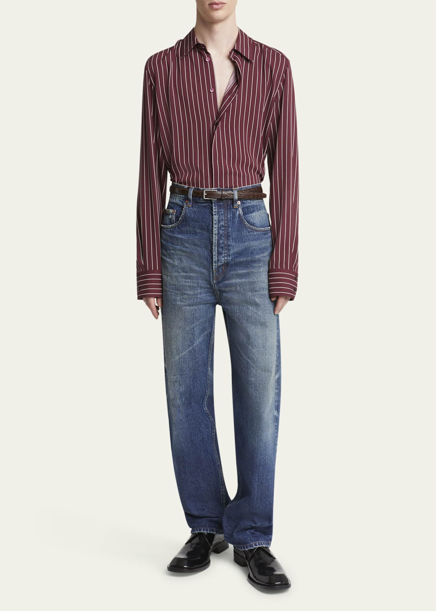 Saint Laurent Men's Vertical Stripe Silk Sport Shirt Image 2 of 5