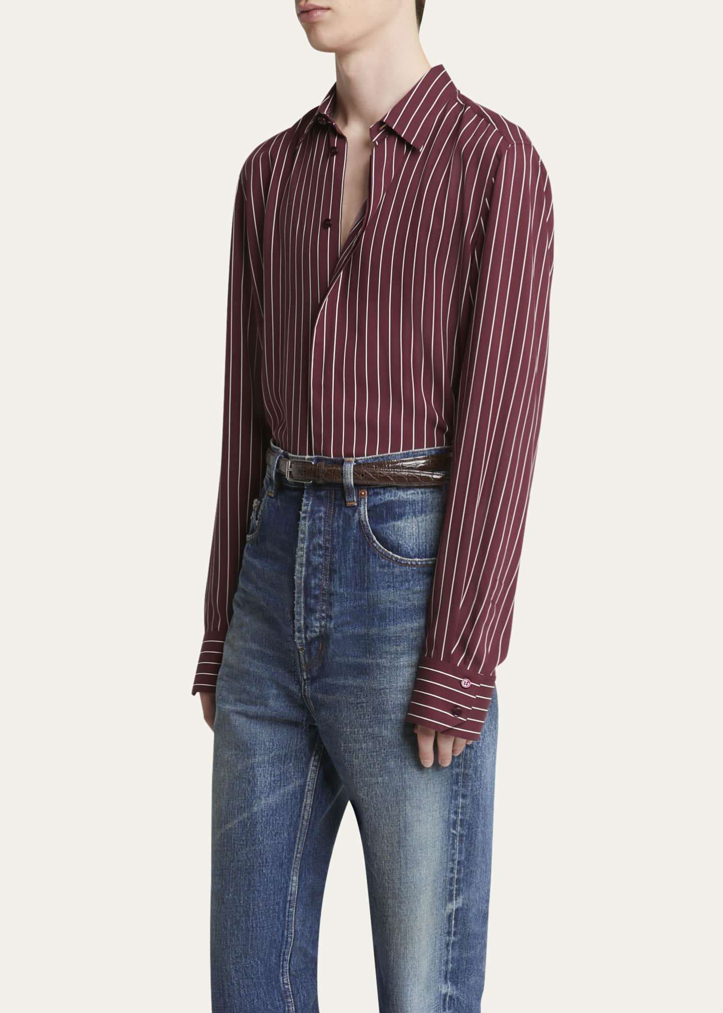 Saint Laurent Men's Vertical Stripe Silk Sport Shirt Image 4 of 5