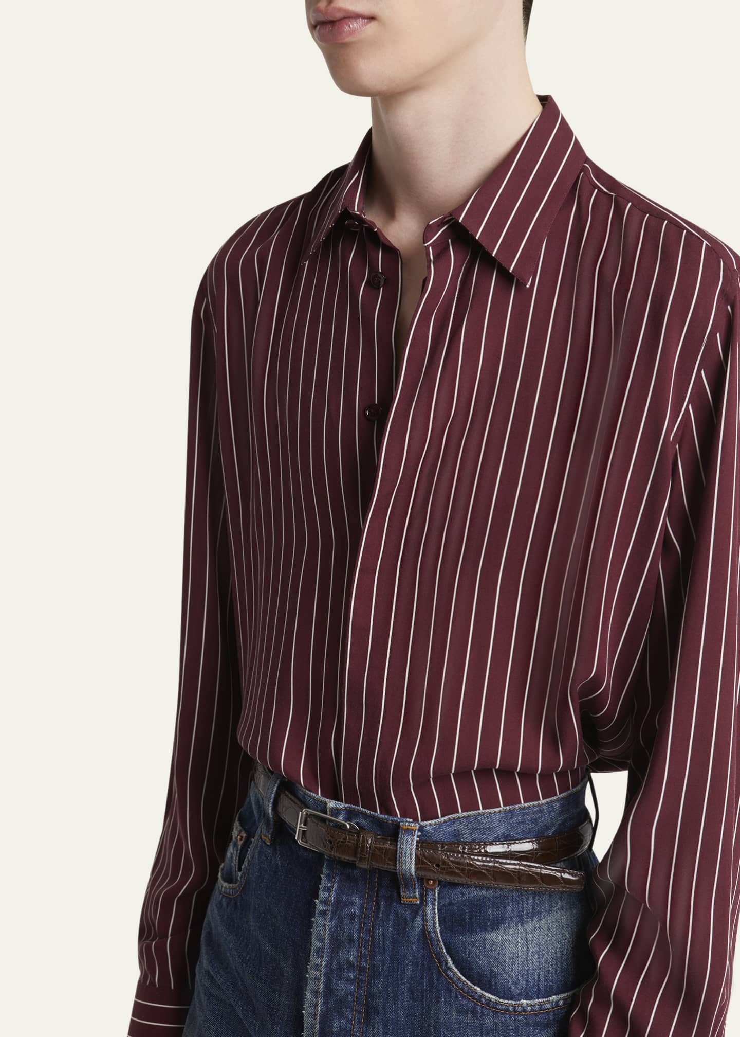 Saint Laurent Men's Vertical Stripe Silk Sport Shirt Image 5 of 5