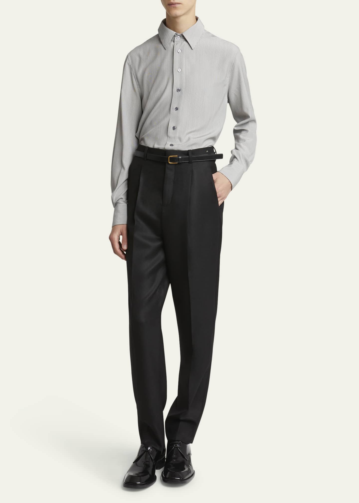 Saint Laurent Men's Micro-Striped Silk Sport Shirt Image 2 of 5