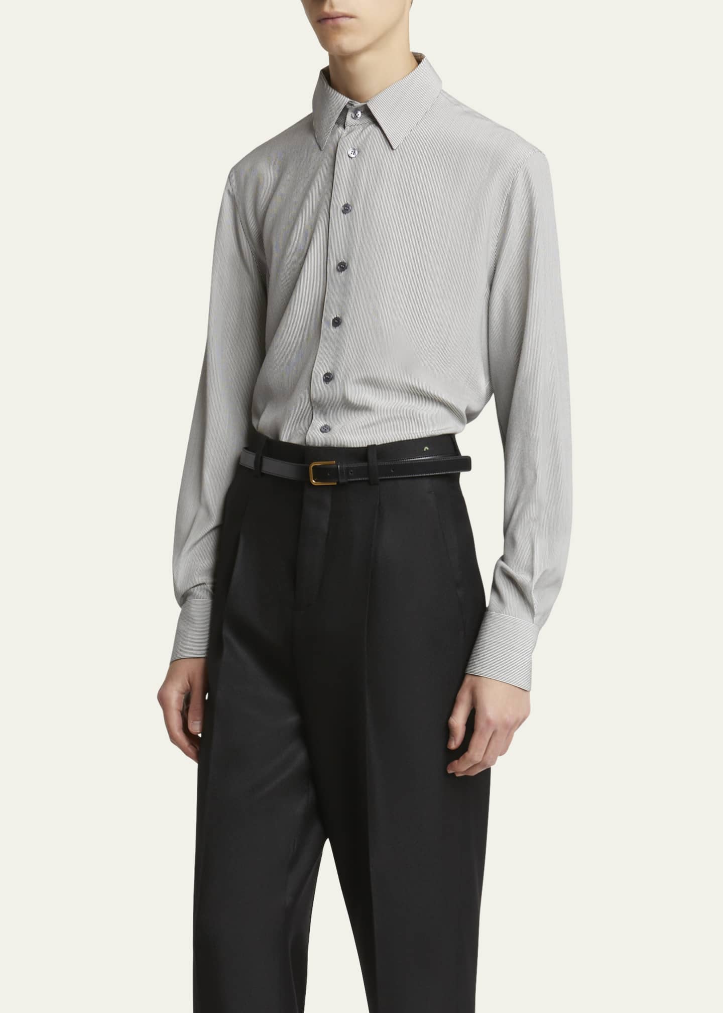 Saint Laurent Men's Micro-Striped Silk Sport Shirt Image 4 of 5