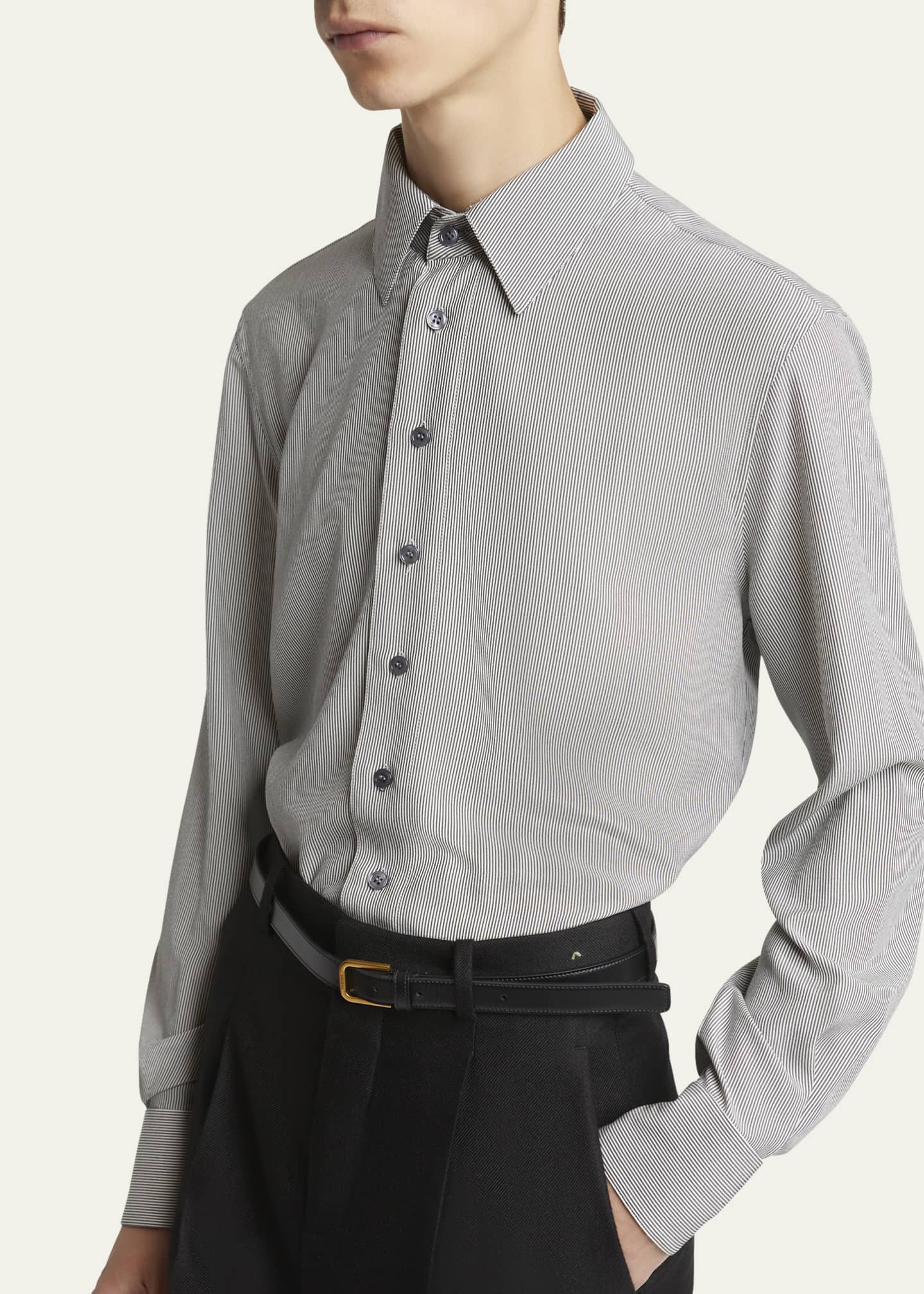 Saint Laurent Men's Micro-Striped Silk Sport Shirt Image 5 of 5